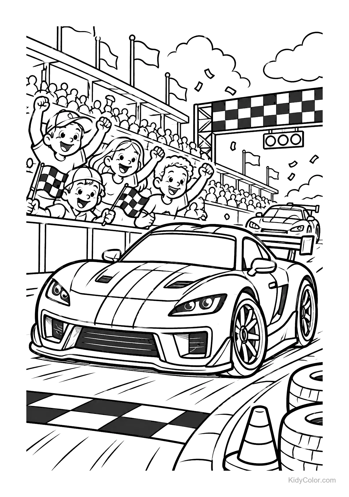 Sports car crossing finish line with cheering crowd.