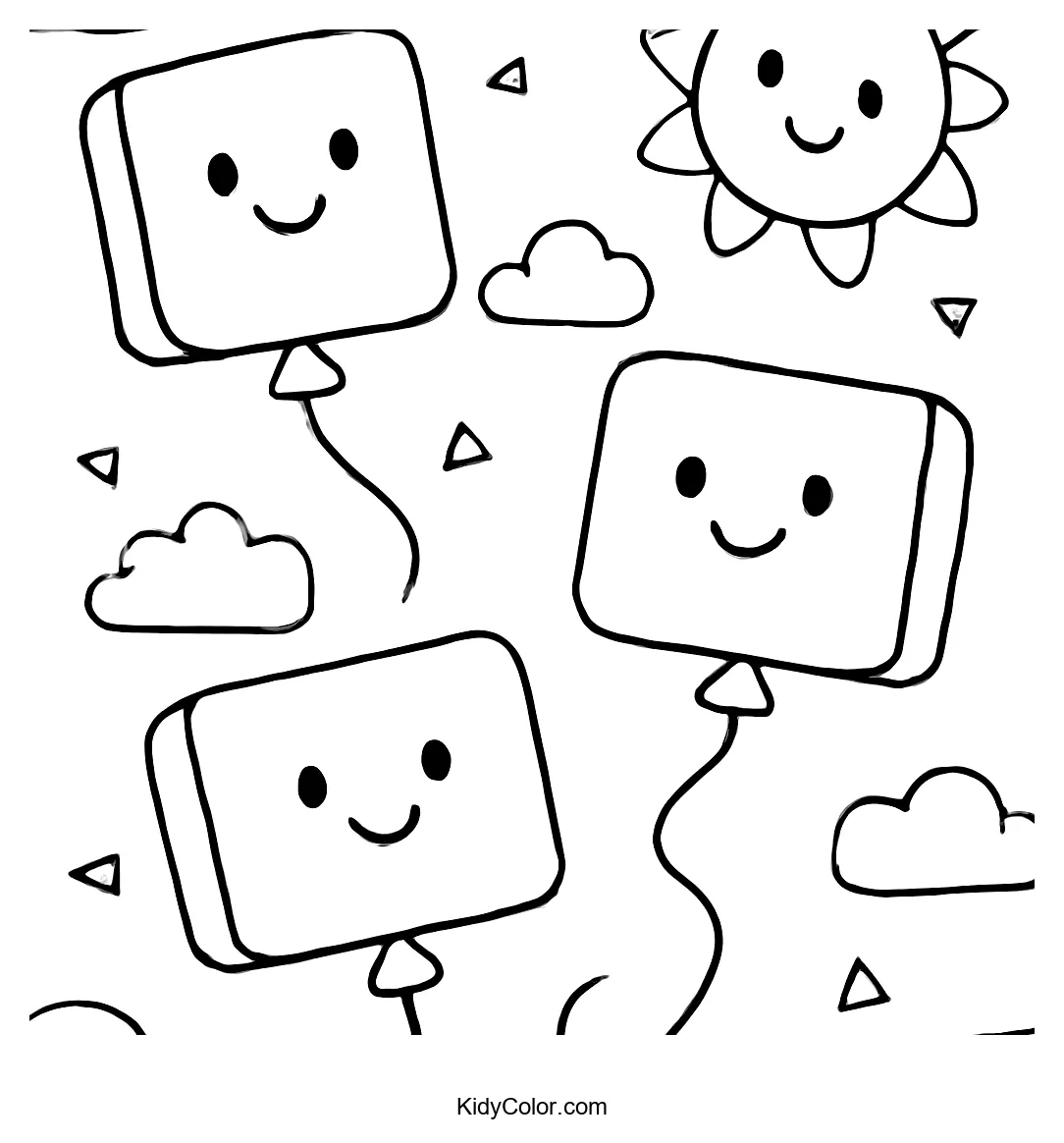 Square balloons with smiles floating among clouds and a sun.