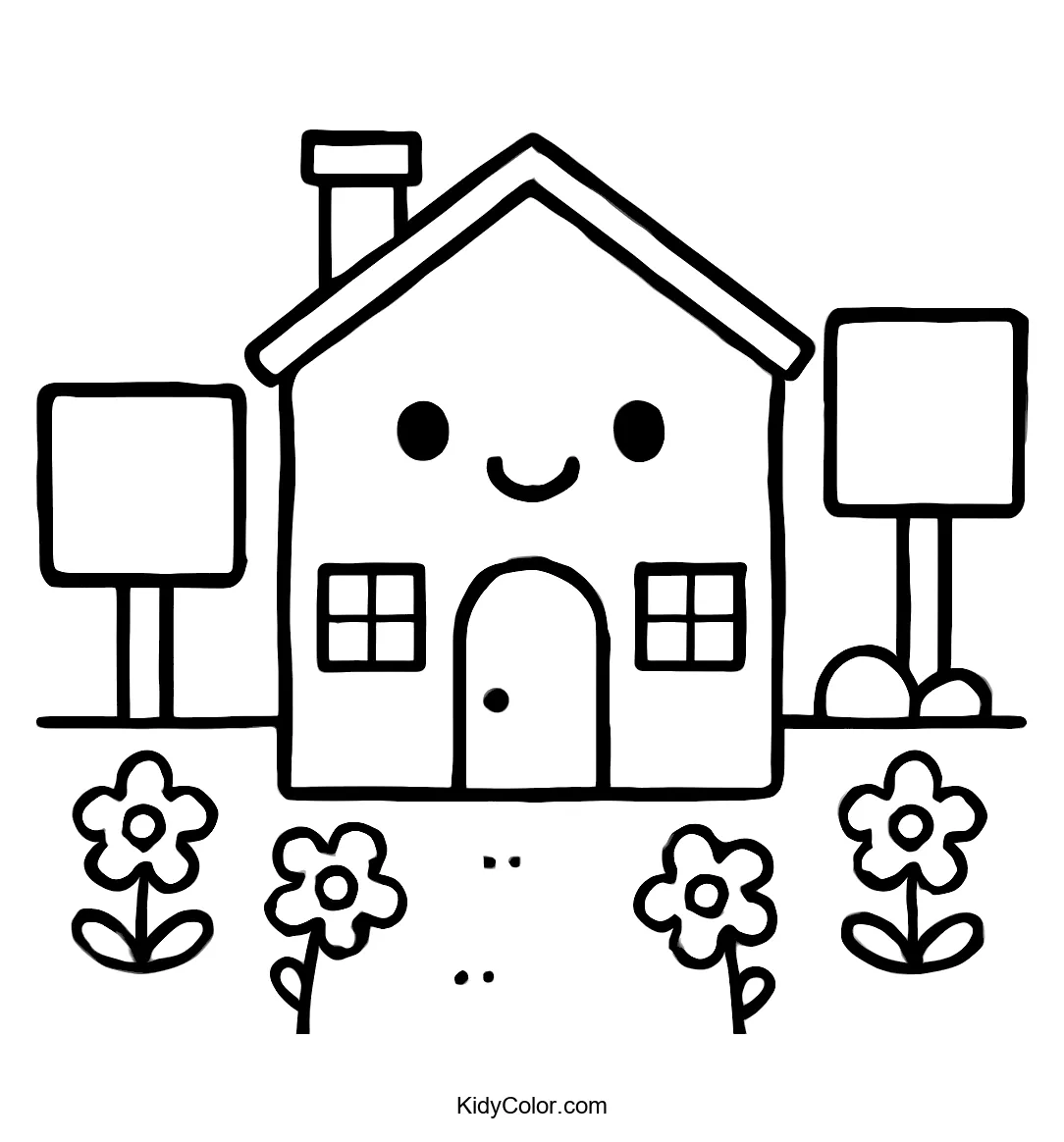 Square-shaped house with a bright door, surrounded by two trees and flowers.
