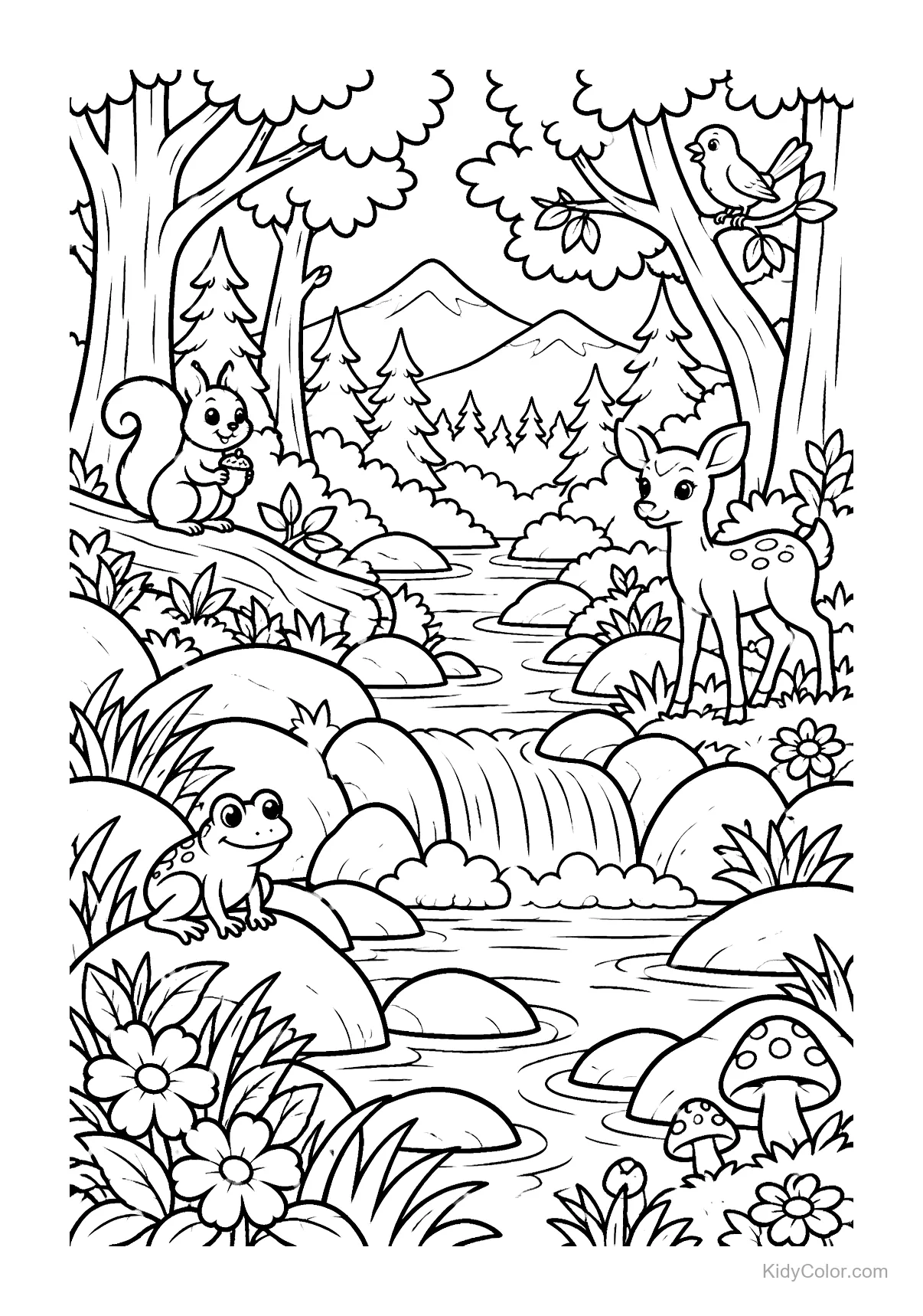 A squirrel, deer, frog, and bird by a forest creek with trees and mountains.