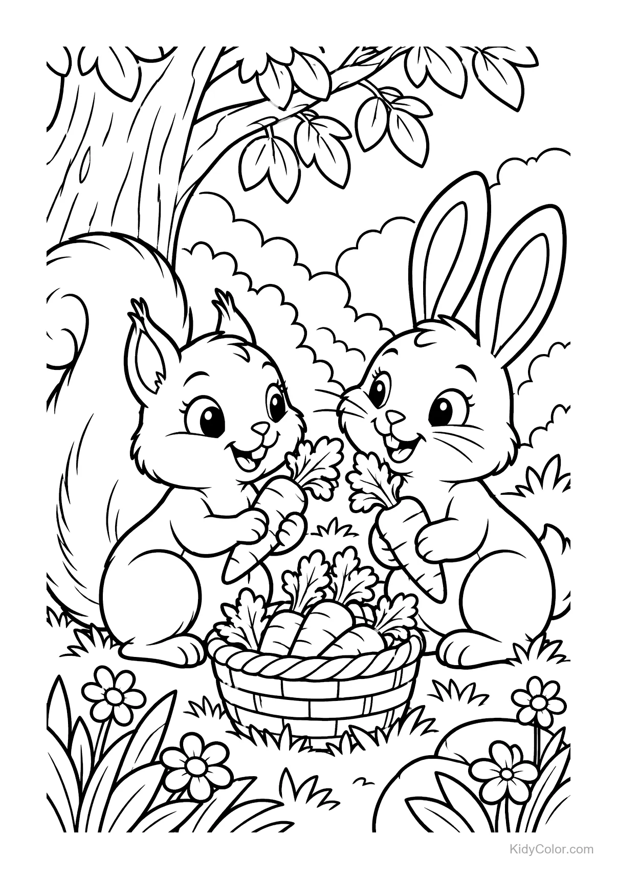 Ardilla y conejo junto a una canasta de zanahorias bajo un árbol.