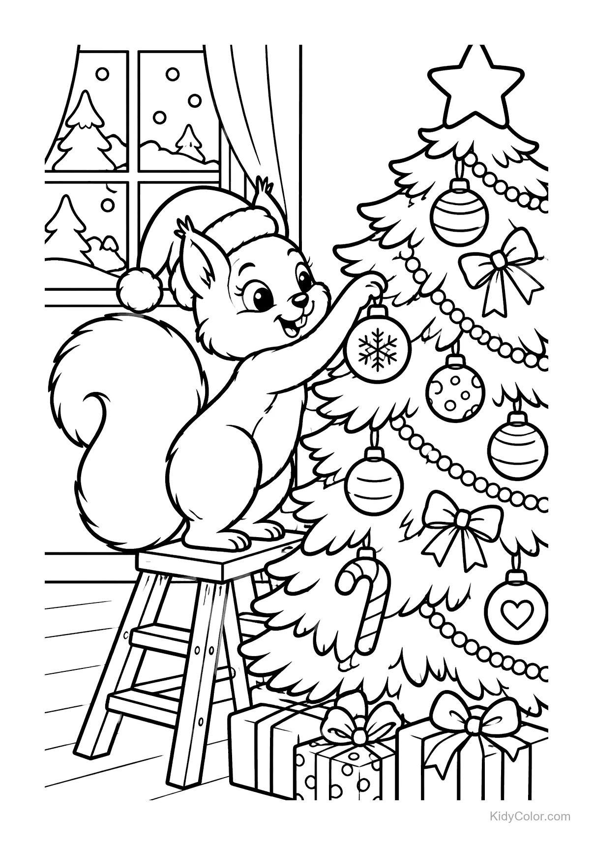 Squirrel wearing a Santa hat decorating a Christmas tree with ornaments.
