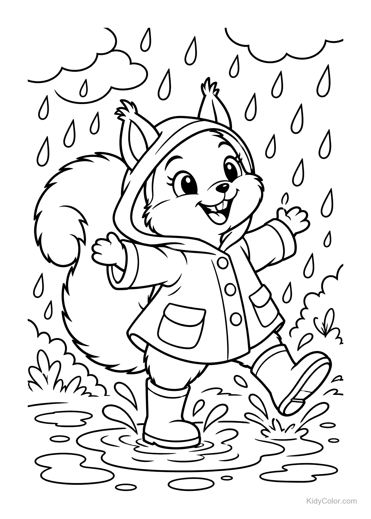 Squirrel in raincoat splashing in puddles with raindrops falling.