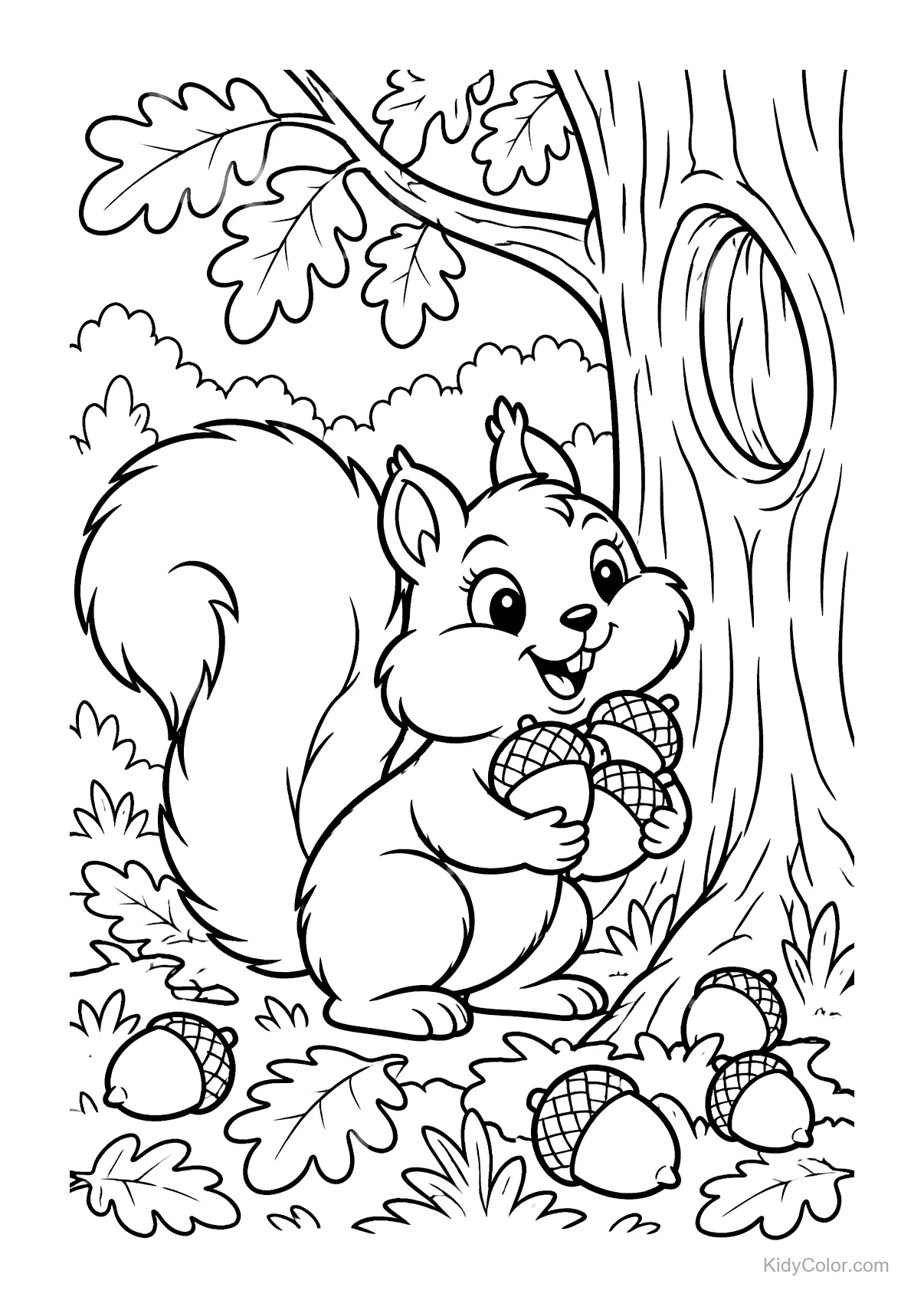 A cheerful squirrel holds acorns near an oak tree with more acorns on the ground.