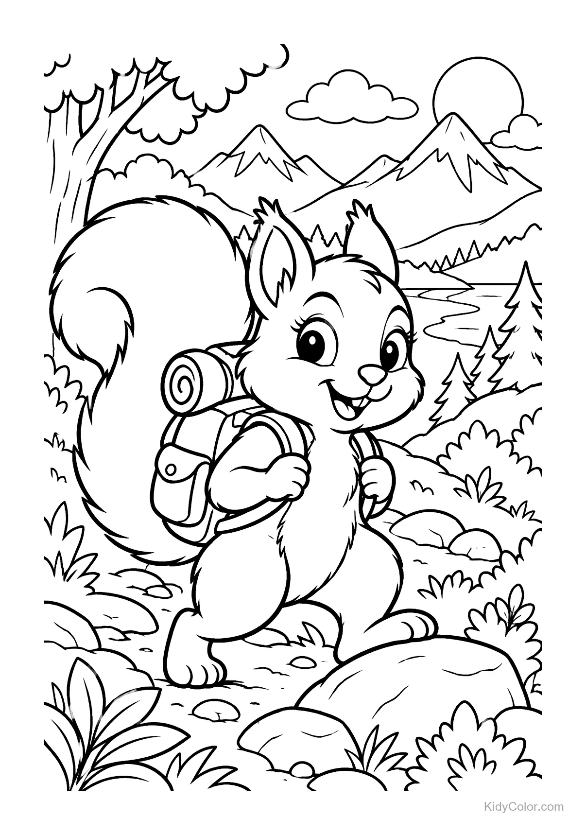 Eichhörnchen mit Rucksack auf einem Bergpfad.