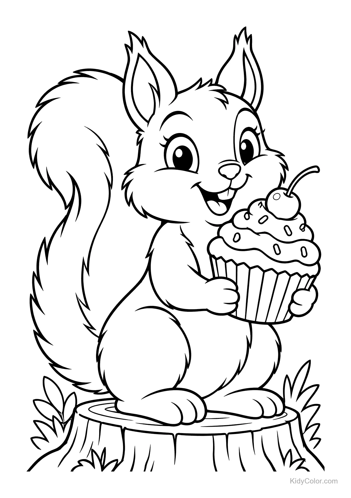 Eichhörnchen hält Cupcake und sitzt auf Baumstumpf.