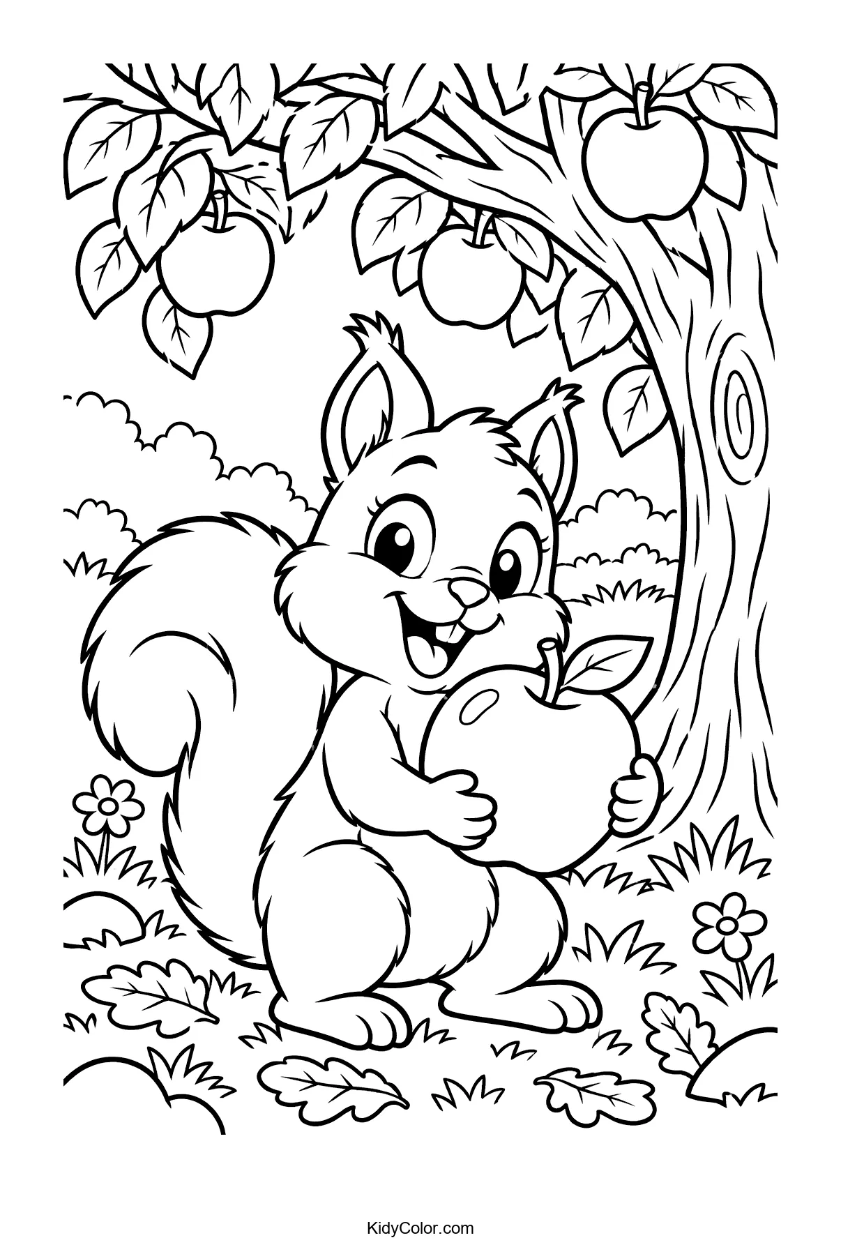 Squirrel standing under an apple tree holding an apple.