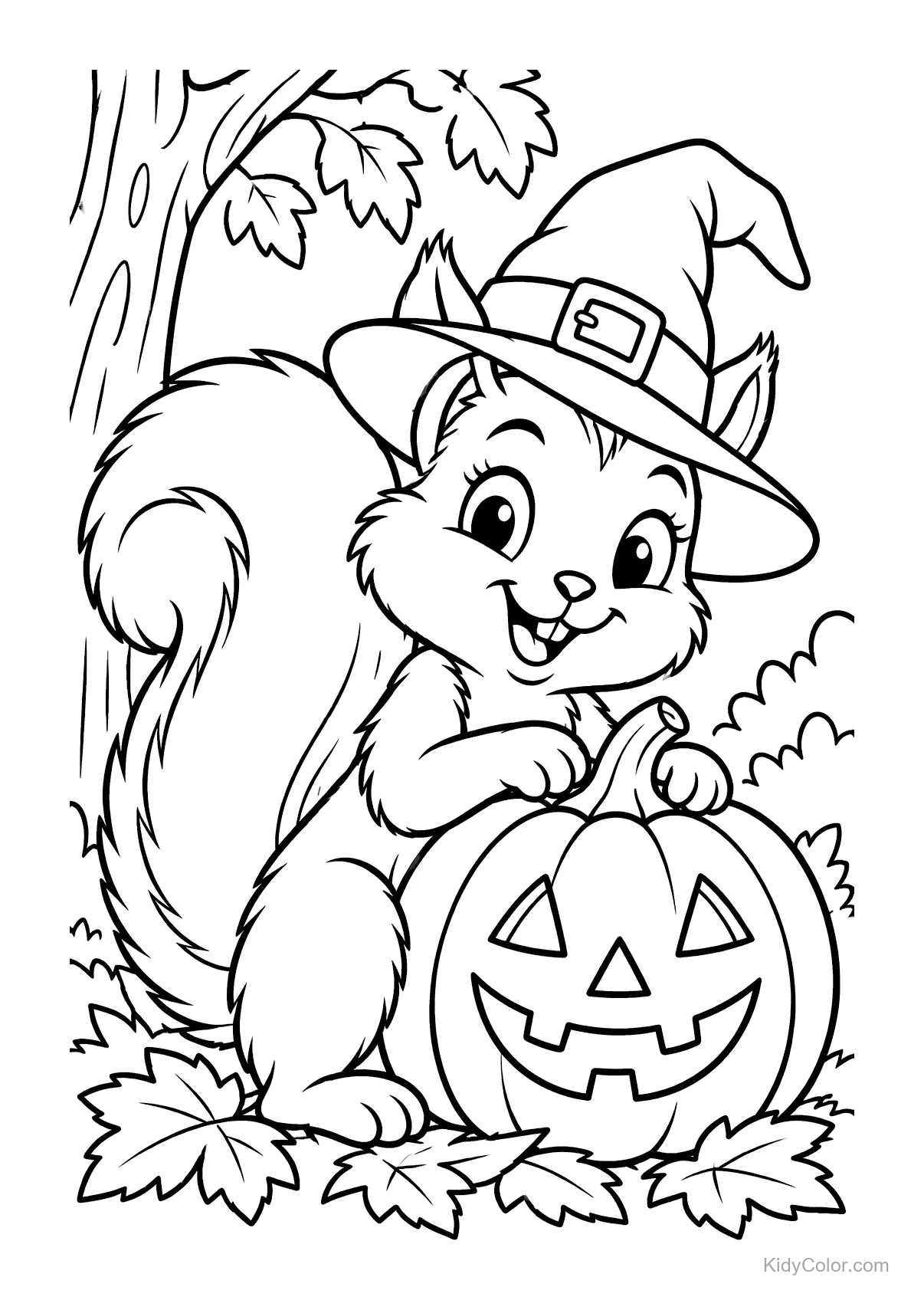 Squirrel in witch hat beside Jack-o’-Lantern under a tree.