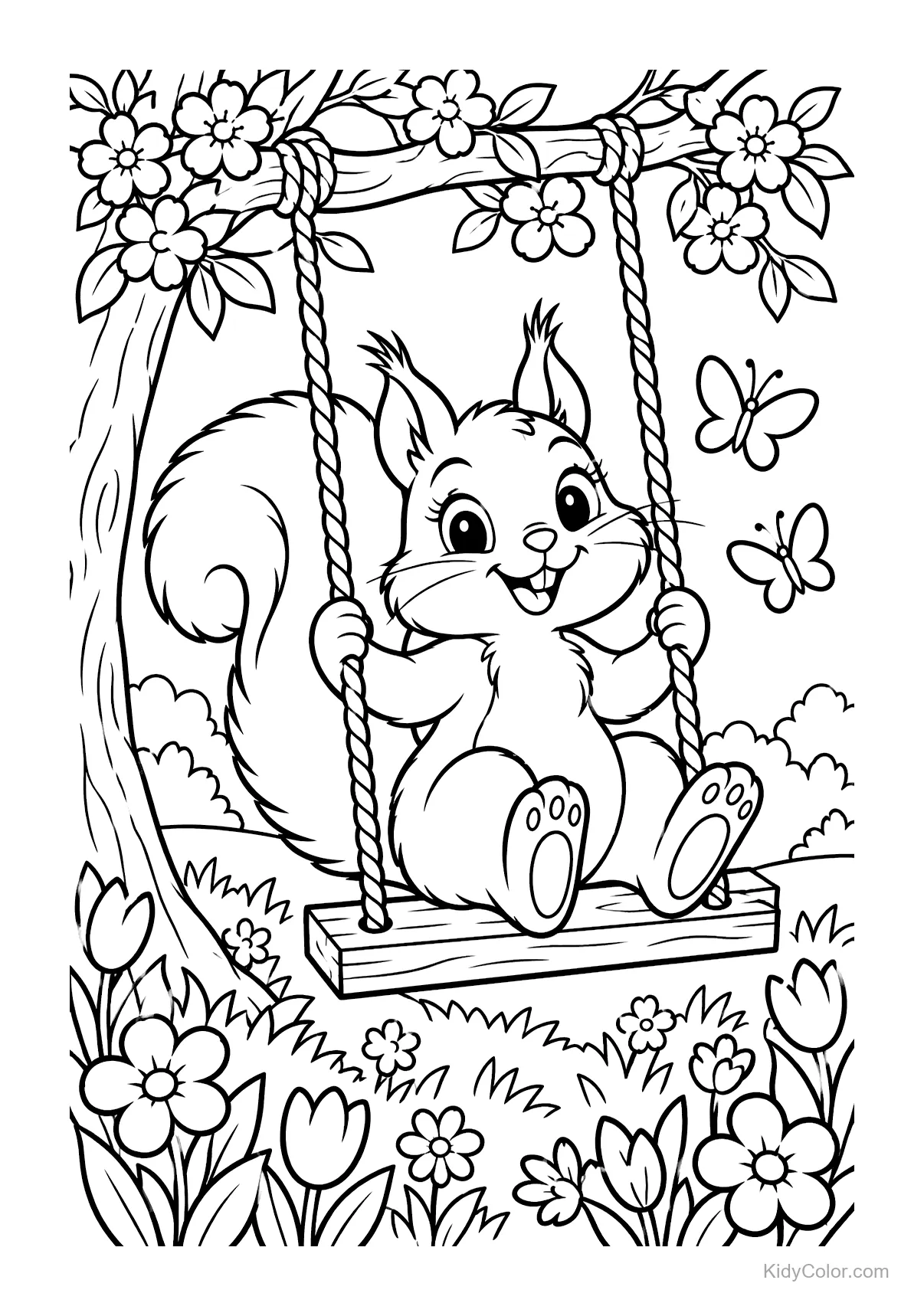 A squirrel swings on a wooden seat surrounded by flowers and butterflies.