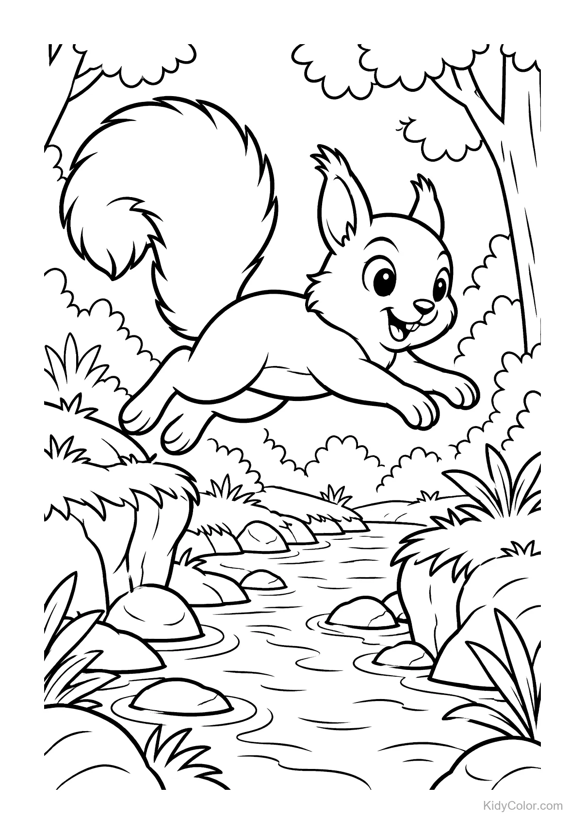 Squirrel leaping energetically over a small creek in the forest.