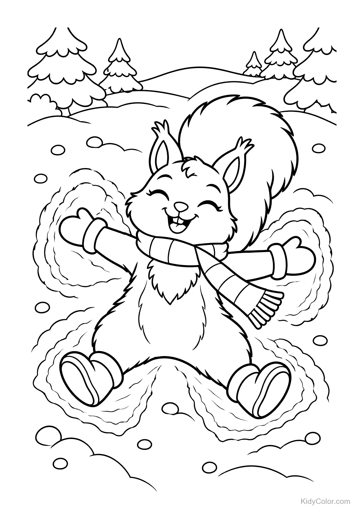 A joyful squirrel making a snow angel in the forest wearing a scarf.