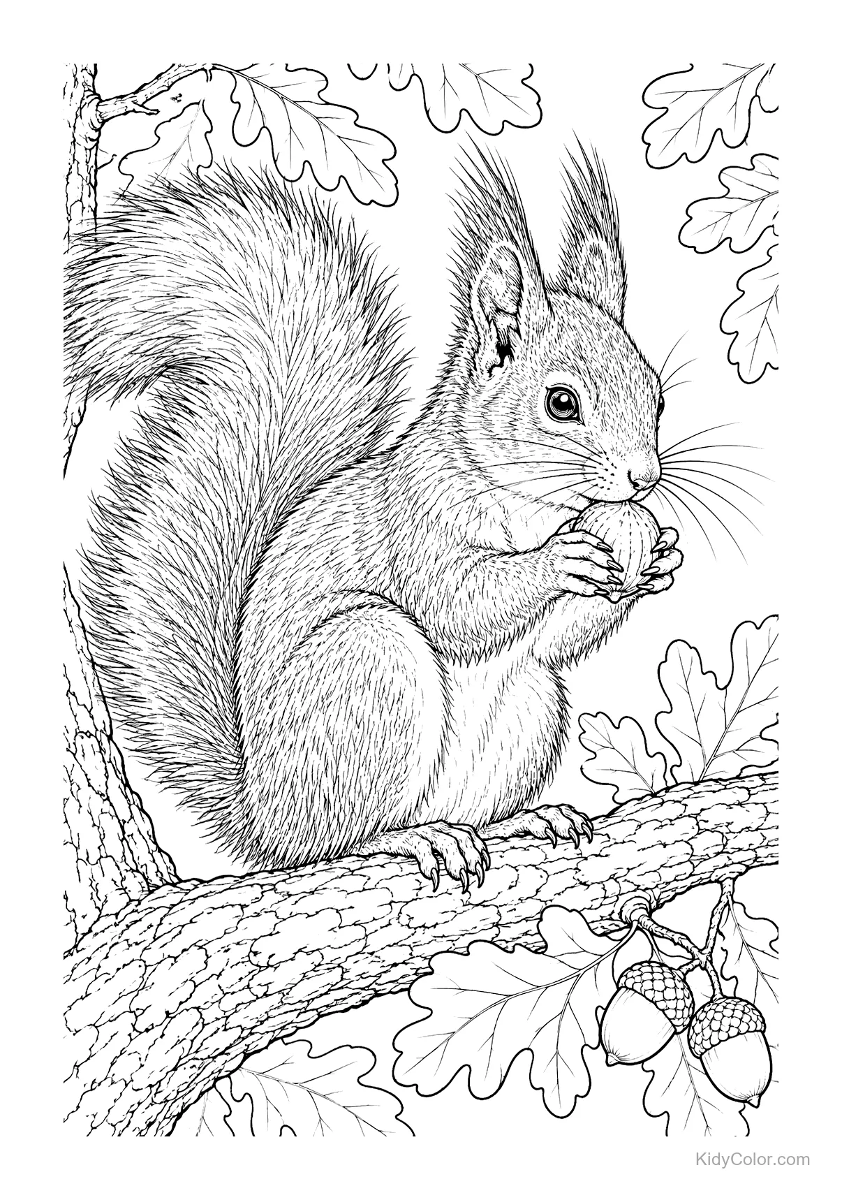 A squirrel nibbling an acorn on a branch with oak leaves.