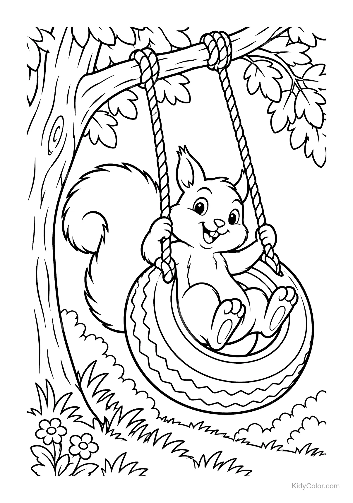 A squirrel happily swinging on a tire hung from a tree.