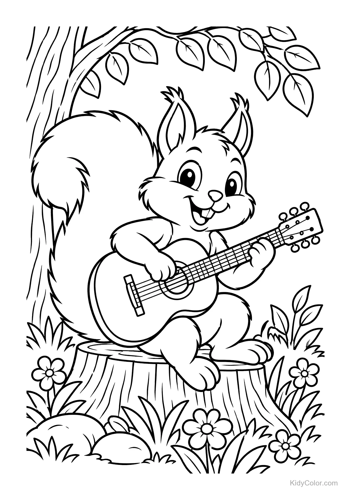 Squirrel sitting on a tree stump playing a guitar in the forest.