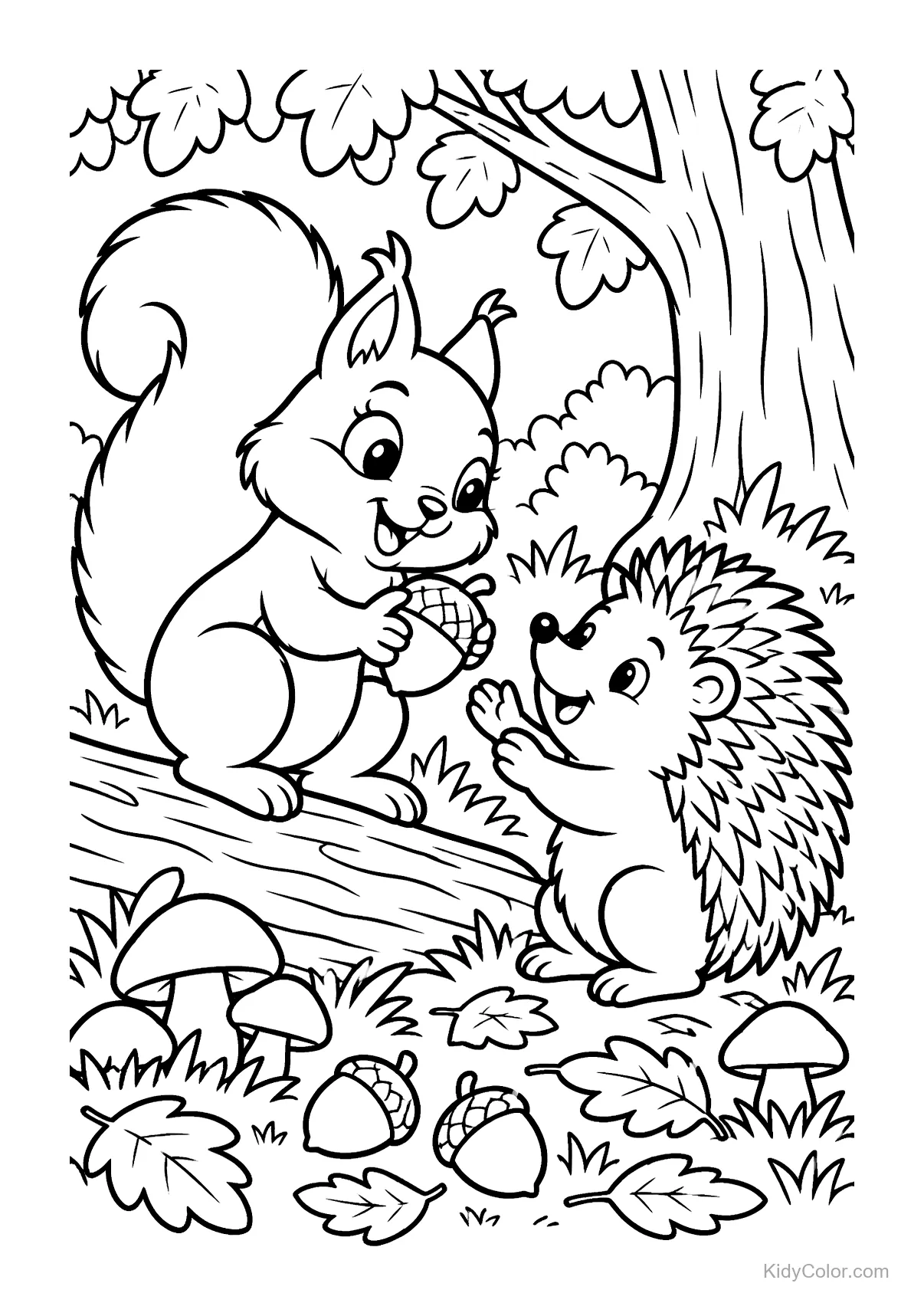 Eichhörnchen reicht einem Igel auf einem Baumstamm eine Eichel.