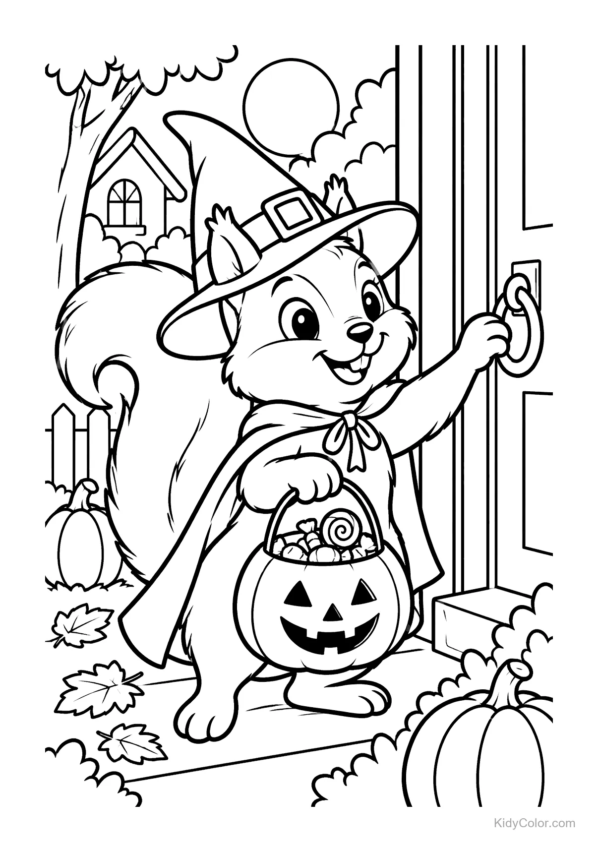 A squirrel in a witch costume trick-or-treating with a pumpkin basket.