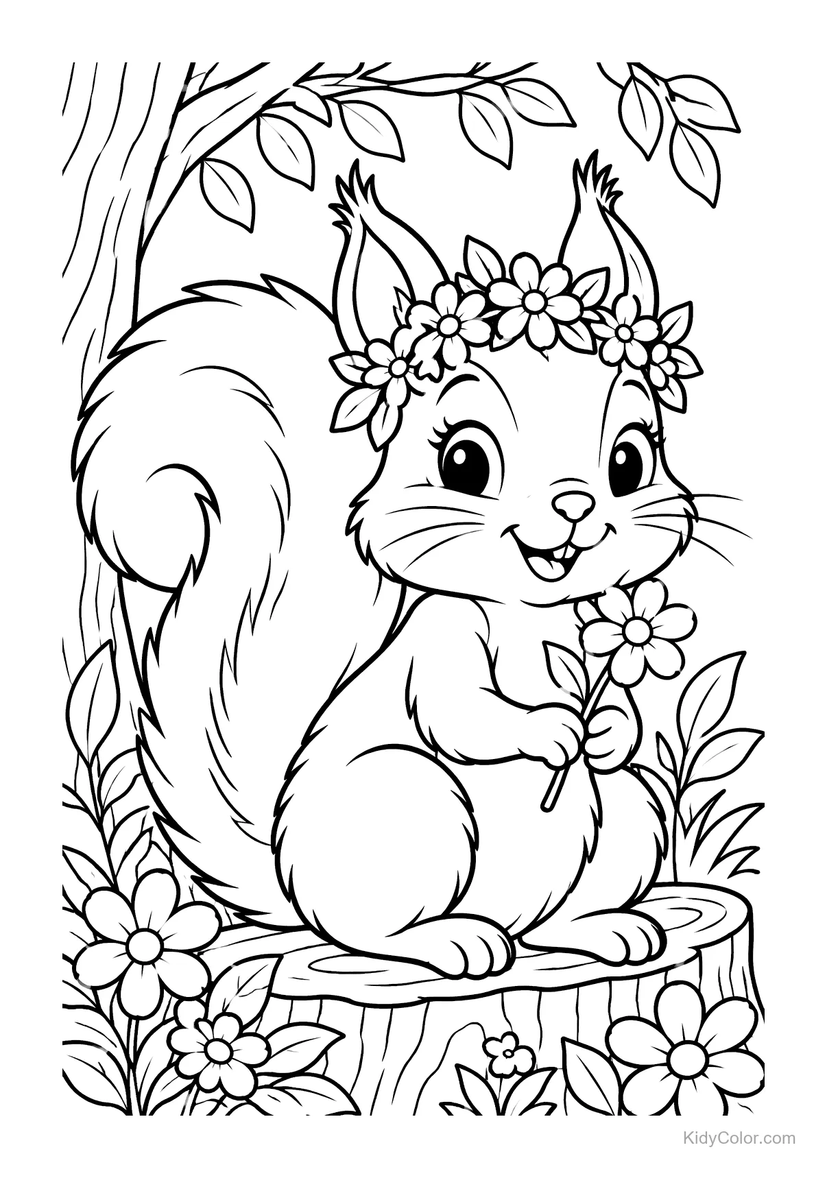 A cheerful squirrel with a flower crown holds a flower.
