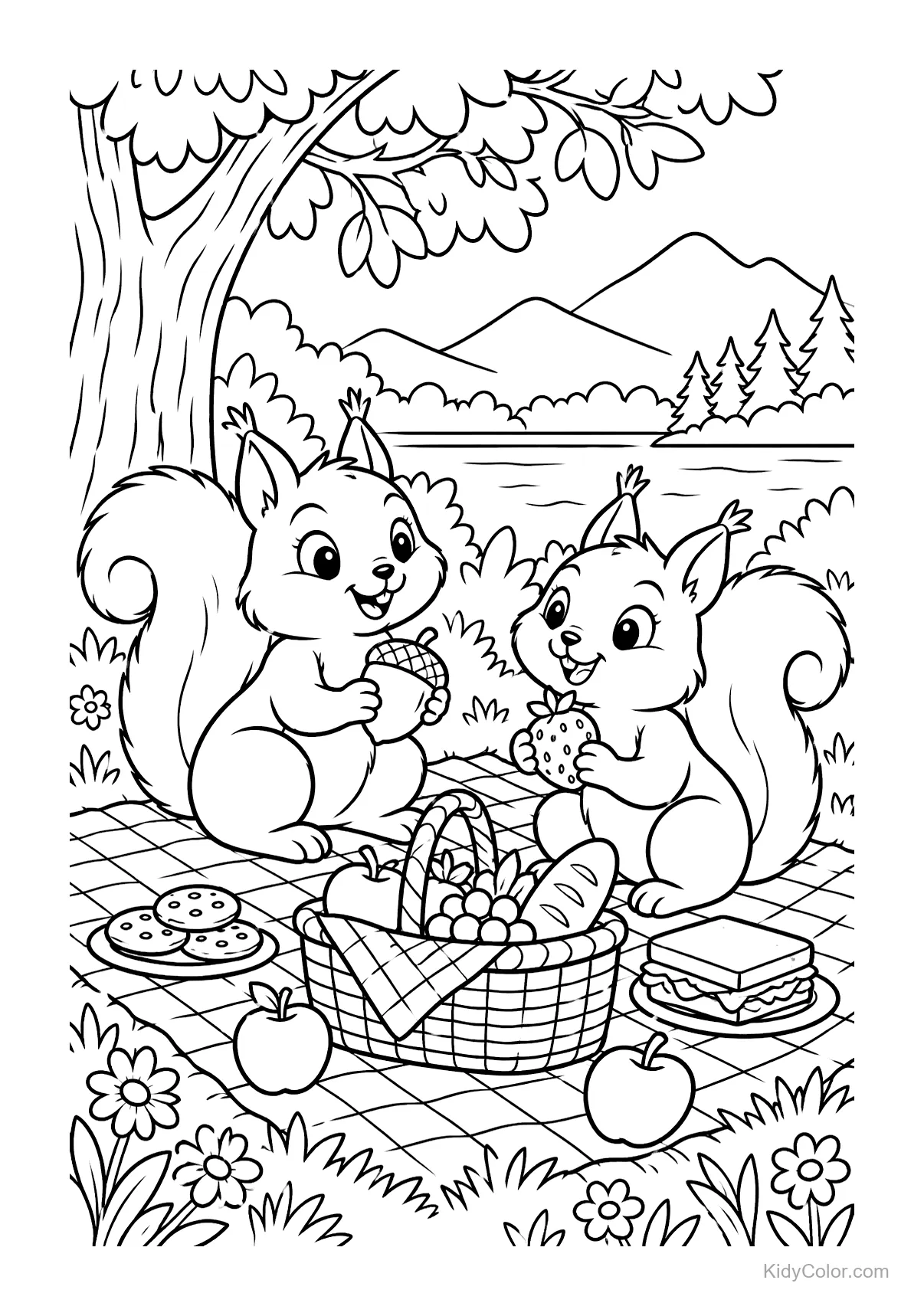 Two squirrels having a picnic by the lake with a basket of food.