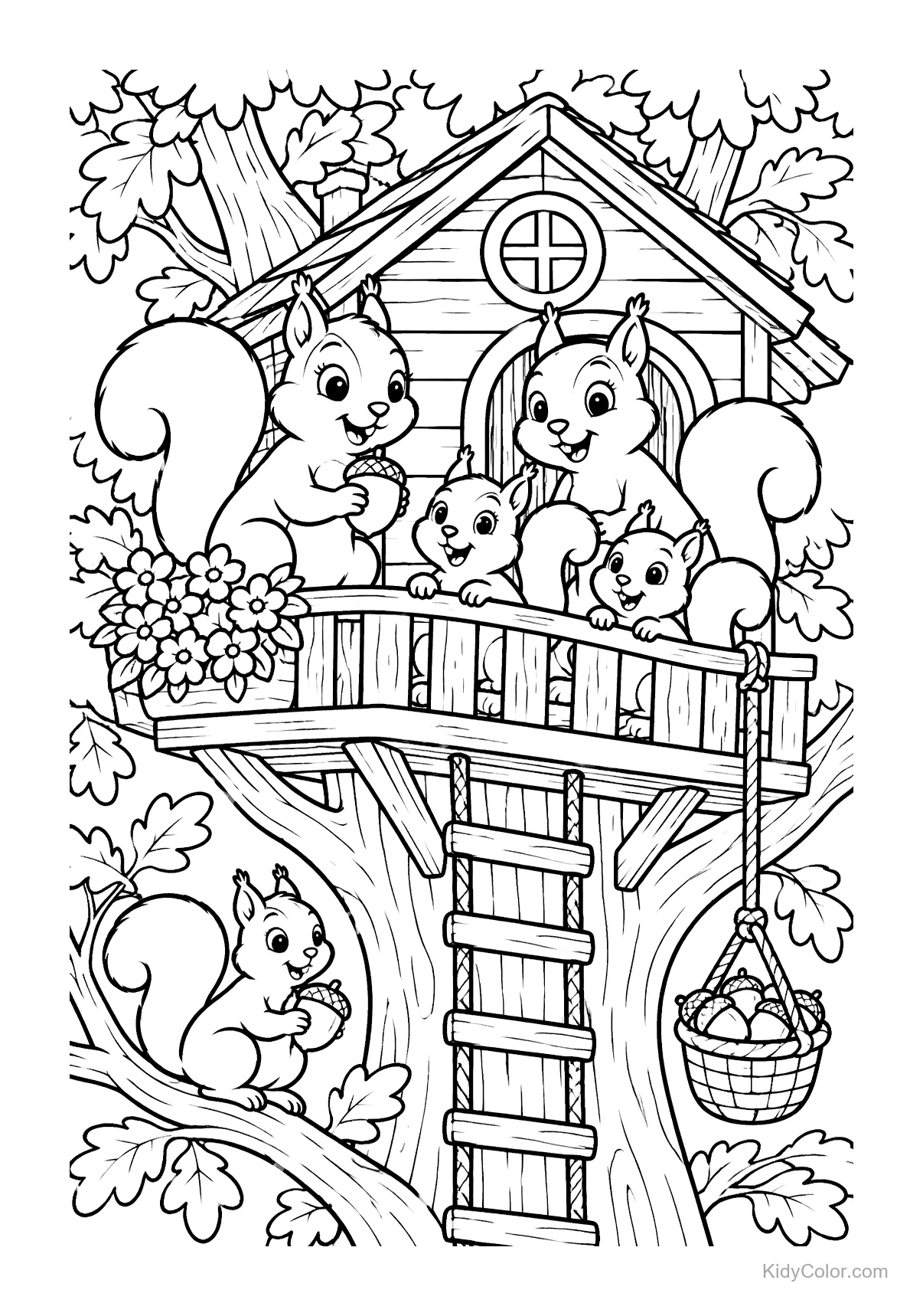 Treehouse with a squirrel family and ladder, acorns, and leaves.