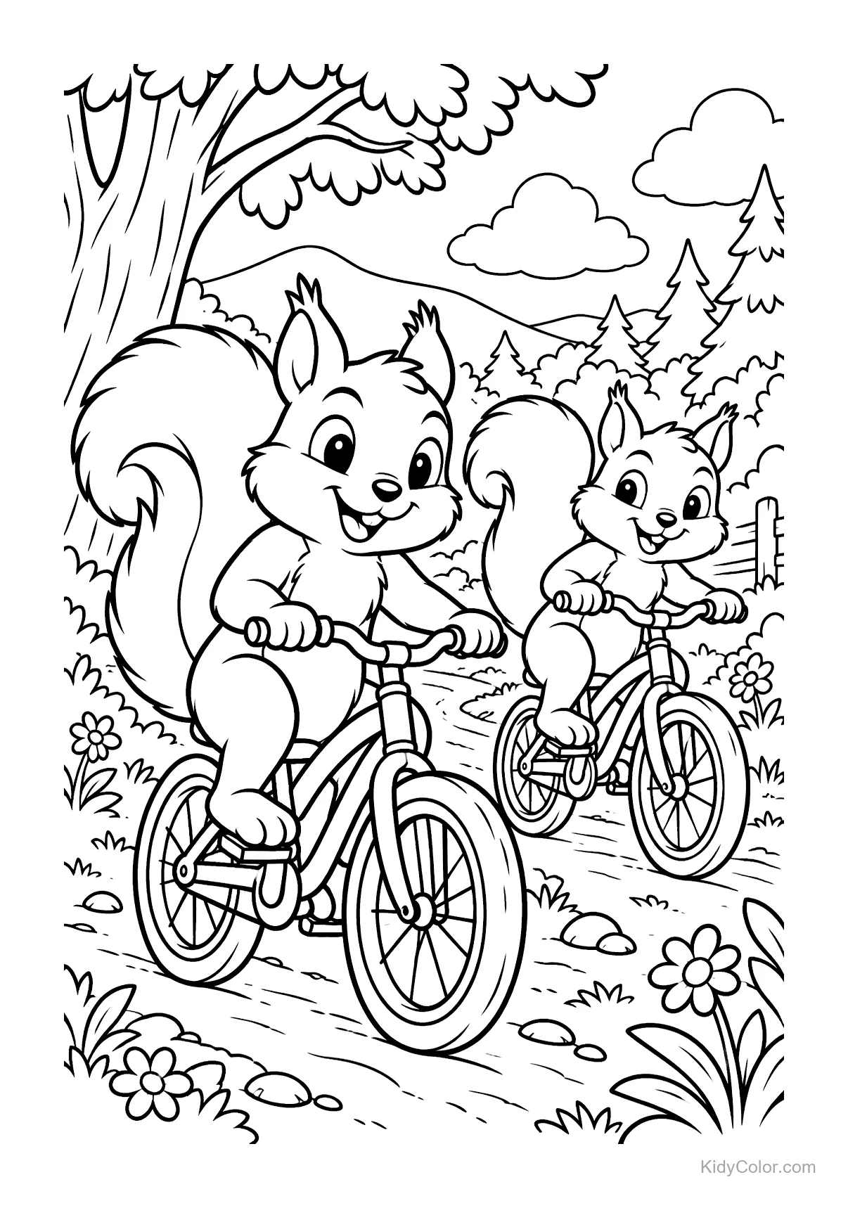 Two squirrels on bikes riding through a forest with trees and flowers.