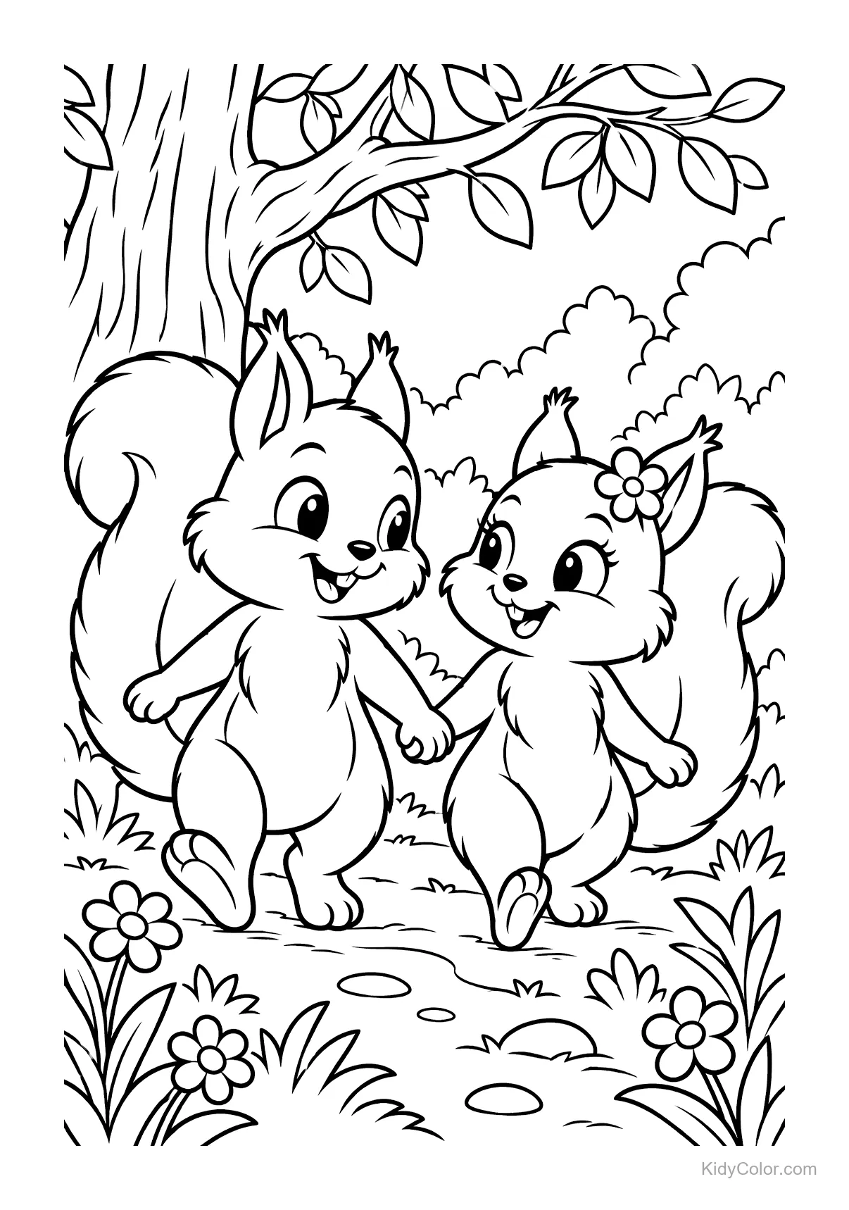 Zwei Eichhörnchen gehen Hand in Hand durch einen Wald mit Blumen.