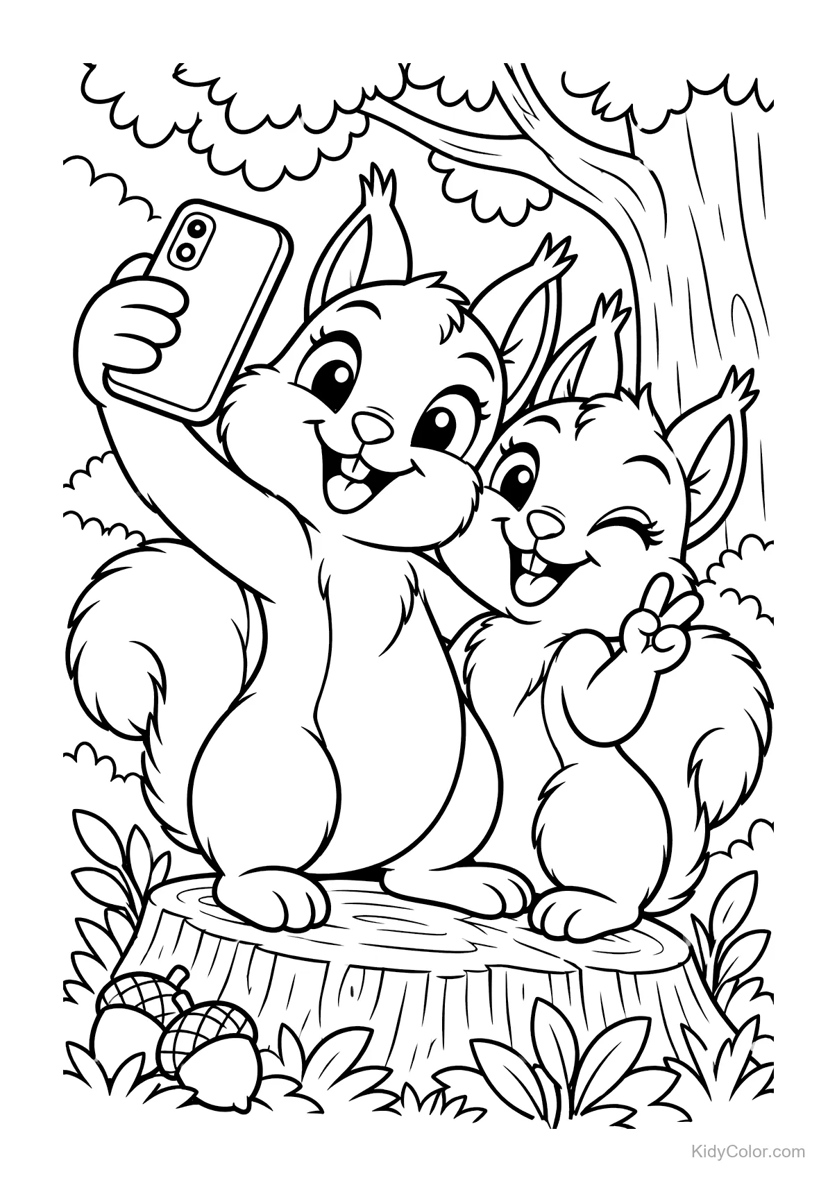 Zwei Eichhörnchen machen ein Selfie auf einem Baumstumpf im Wald.