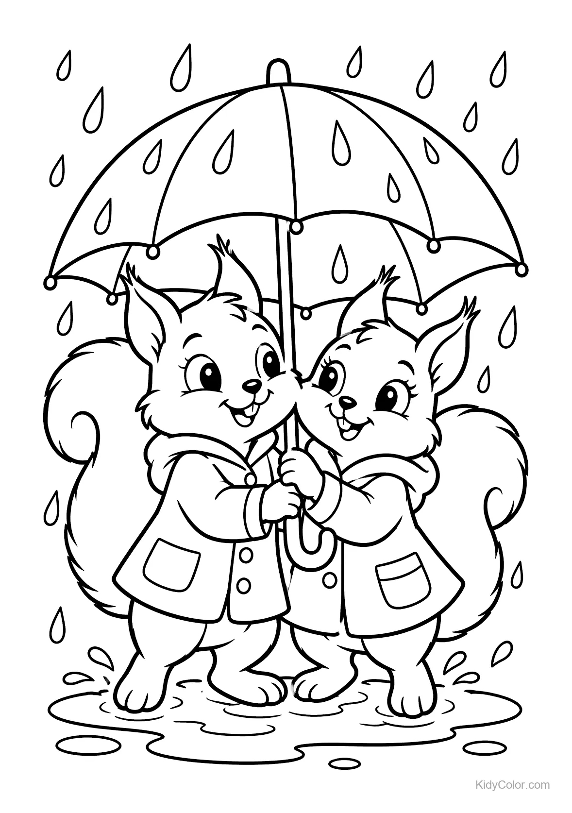 Two squirrels in raincoats share an umbrella in the rain.