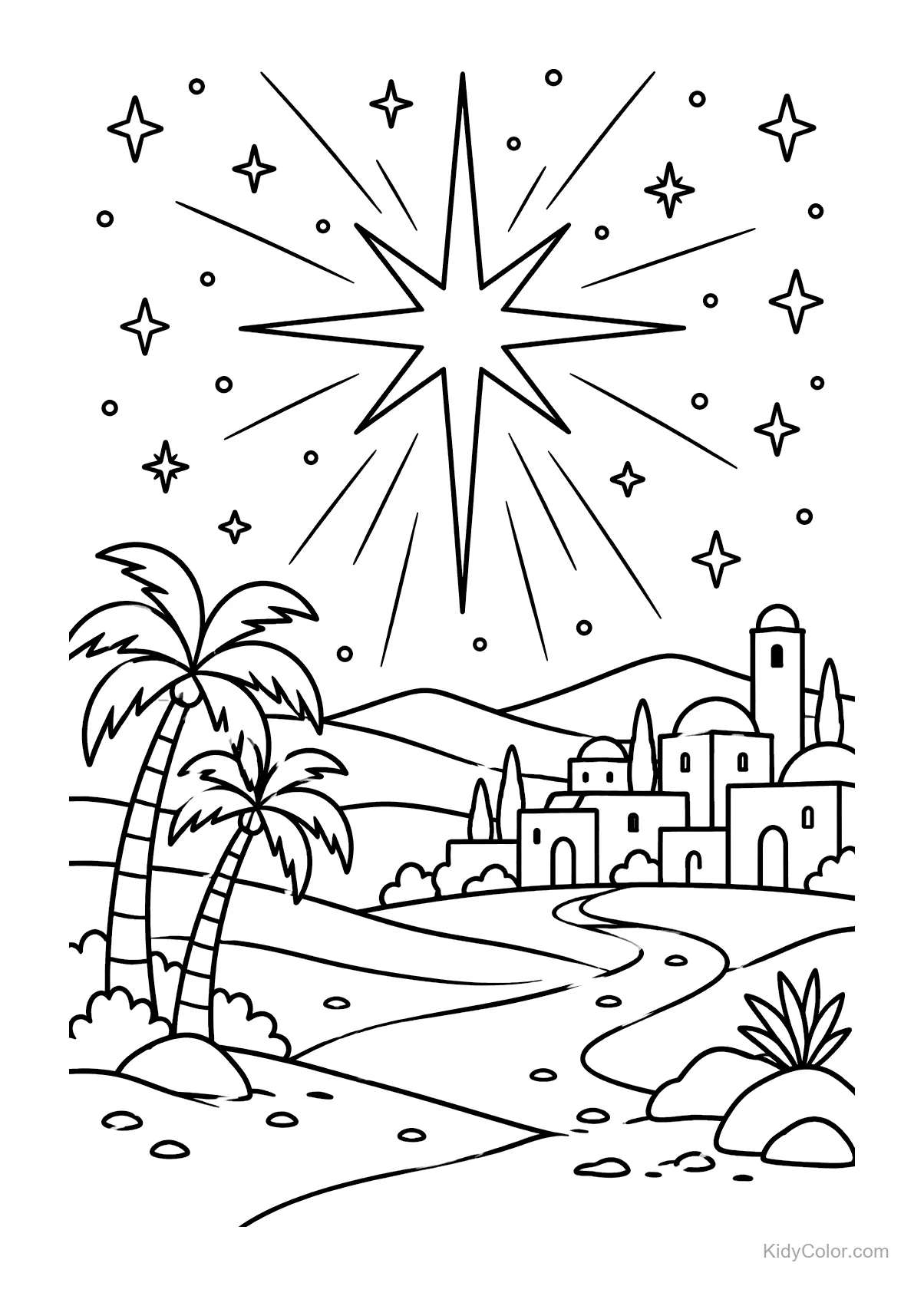A star shines over a desert village at night with palm trees.
