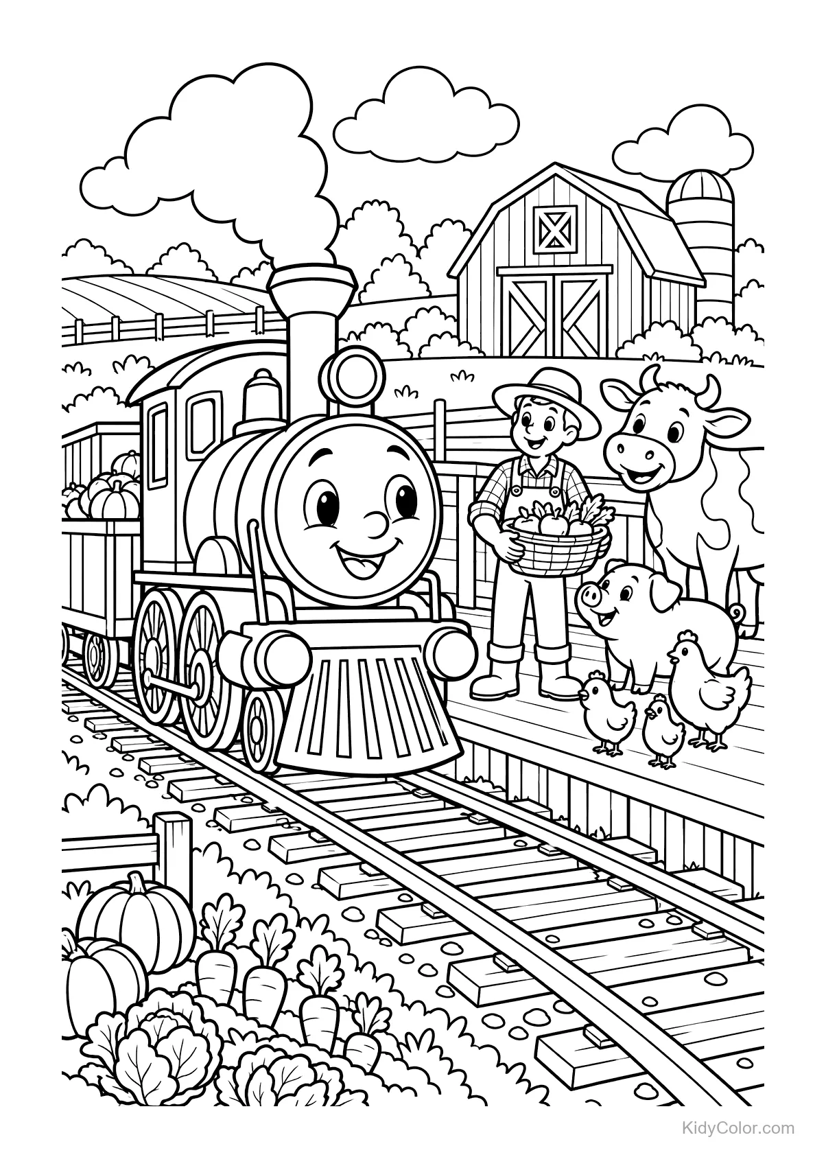 Stoomtrein op een boerderij met boer, koe en pompoenen.