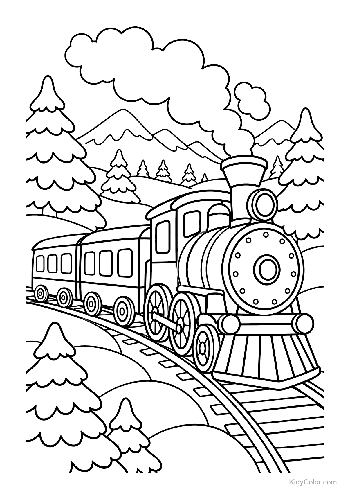 Steam train with smoke, snowy hills, and pine trees.