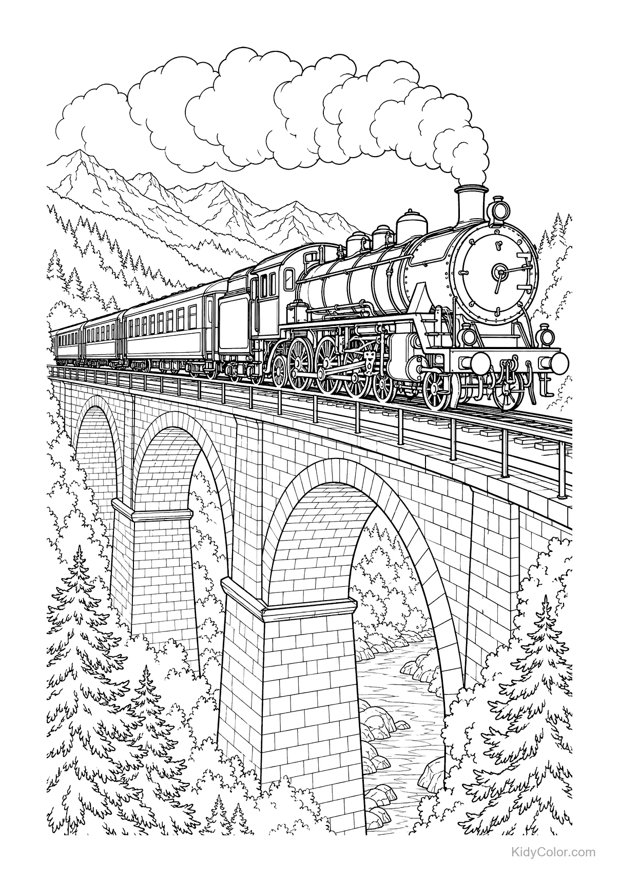 Steam train crossing a mountain viaduct, with trees and mountains in the background.