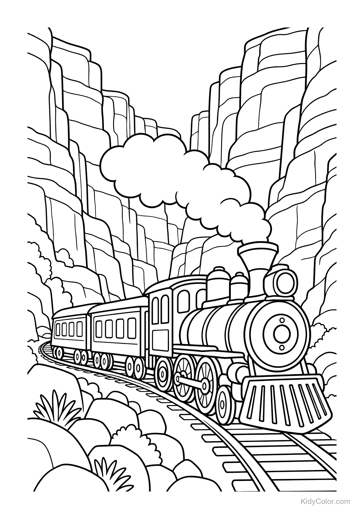 Een stoomtrein rijdt door een canyon met steile kliffen.