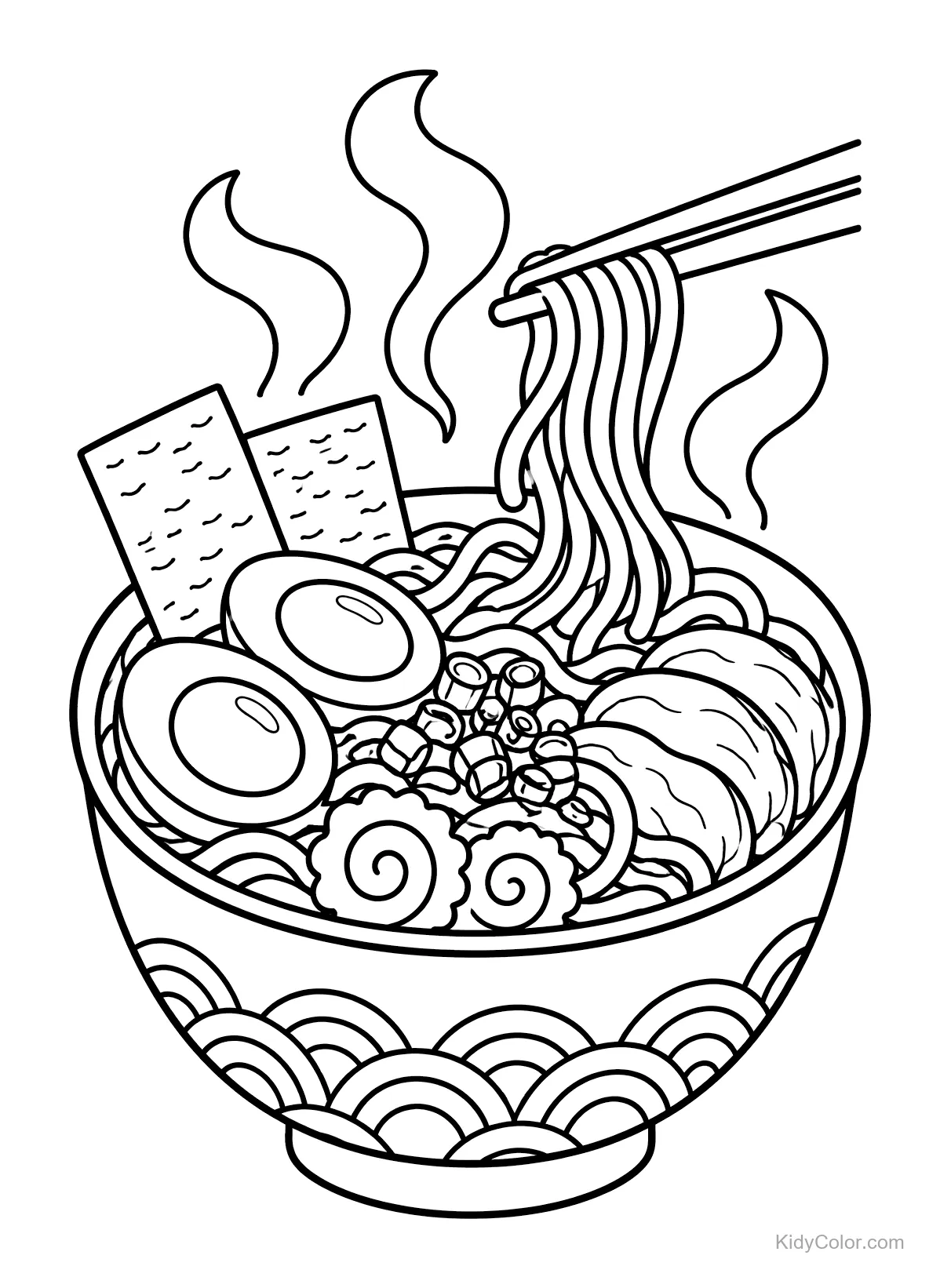 A steaming bowl of ramen with noodles, eggs, and toppings.