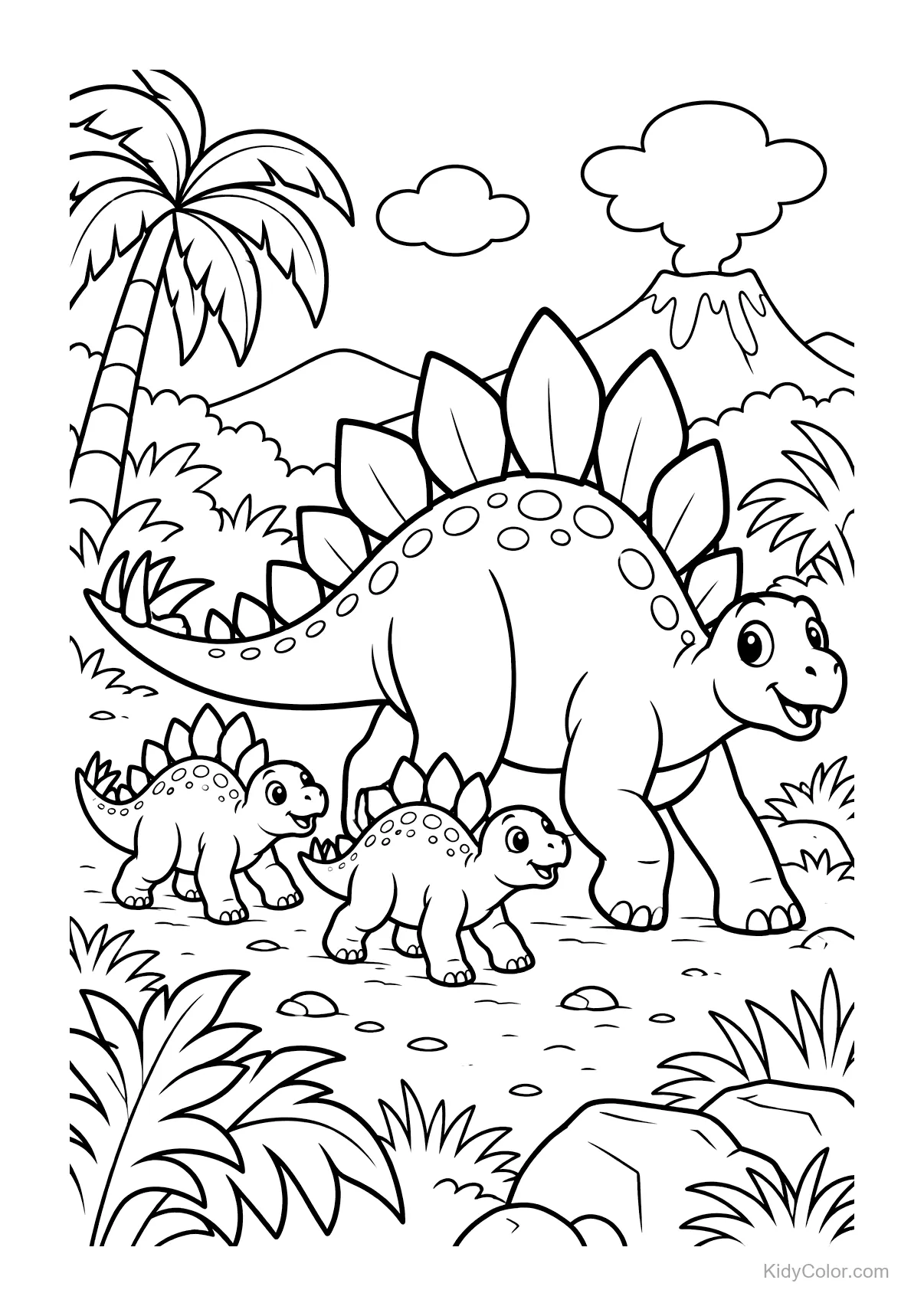 A Stegosaurus family walking with a volcano and palm trees in the background.
