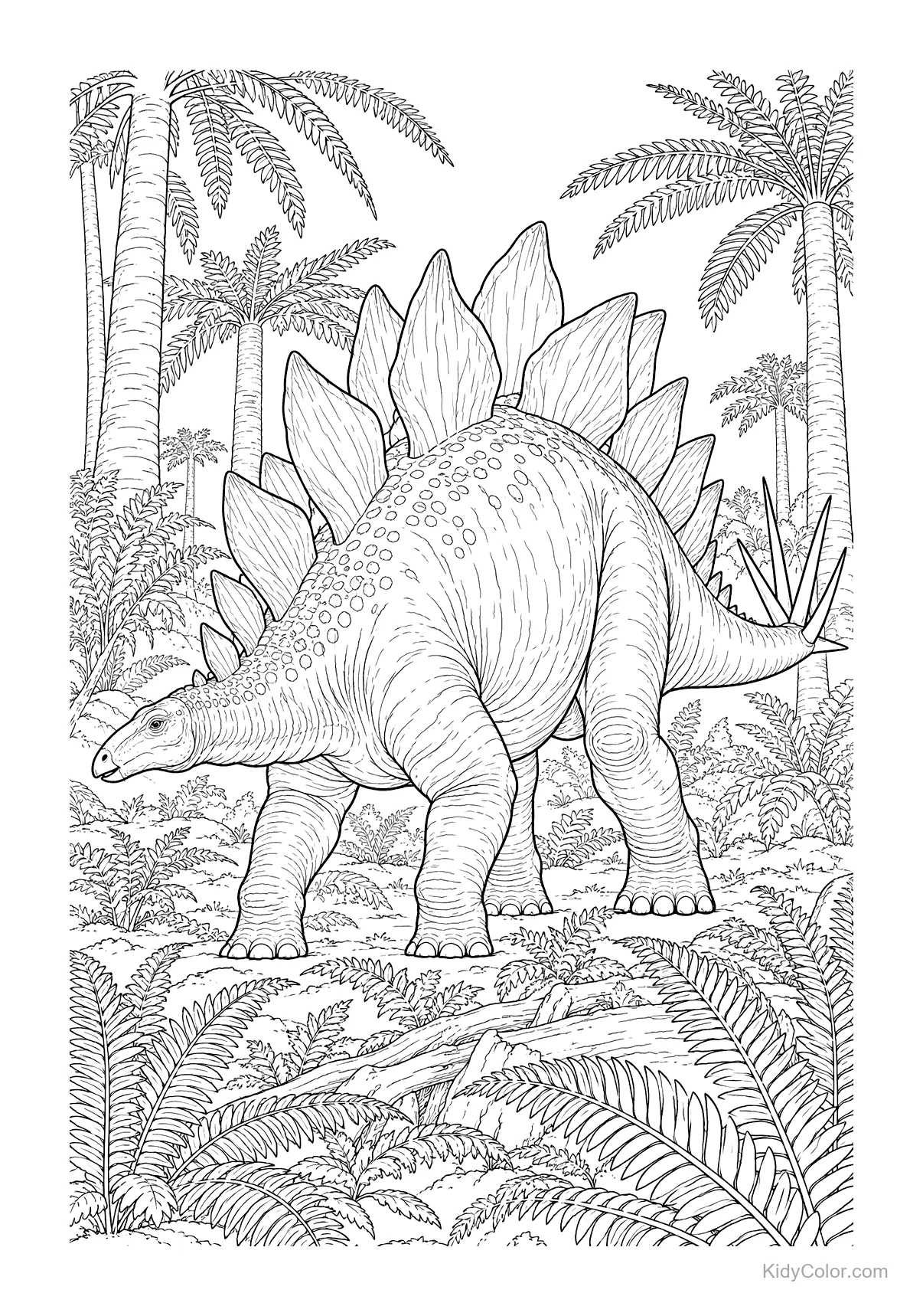 Stegosaurus in a prehistoric fern forest with palm trees.