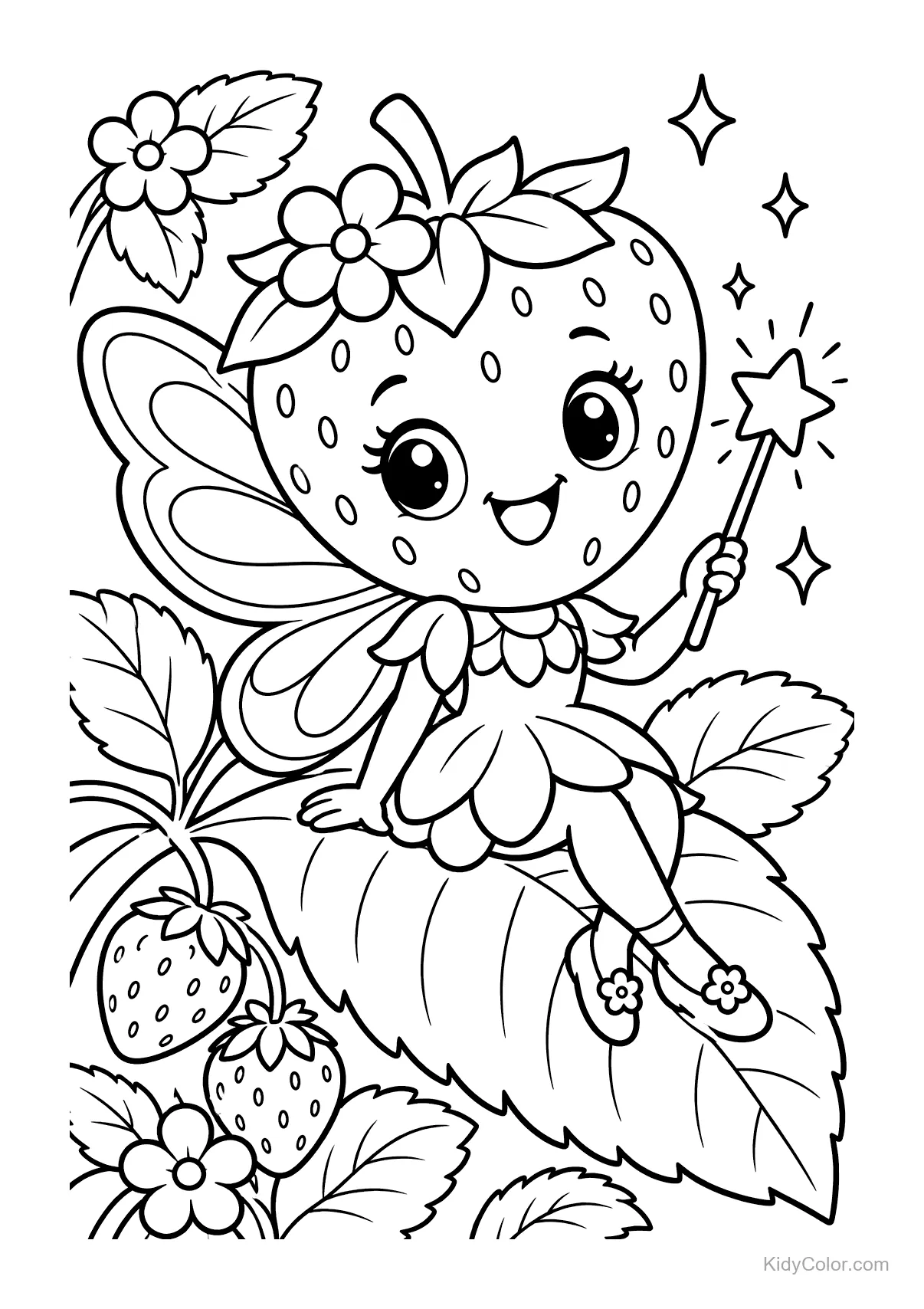 Strawberry fairy with wings and a wand sitting on a leaf in a garden.