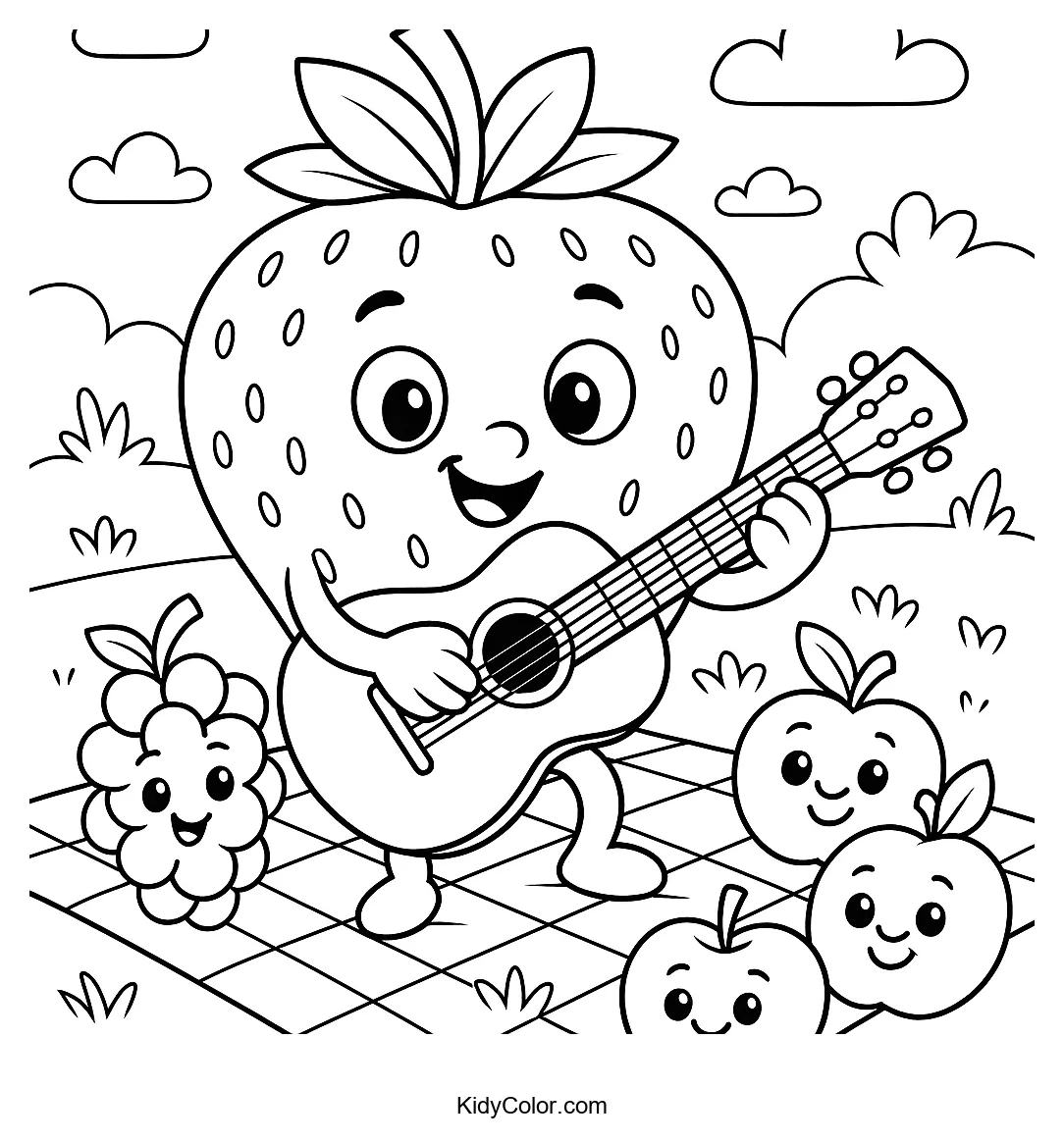 Coloring page of a strawberry playing guitar at a picnic.