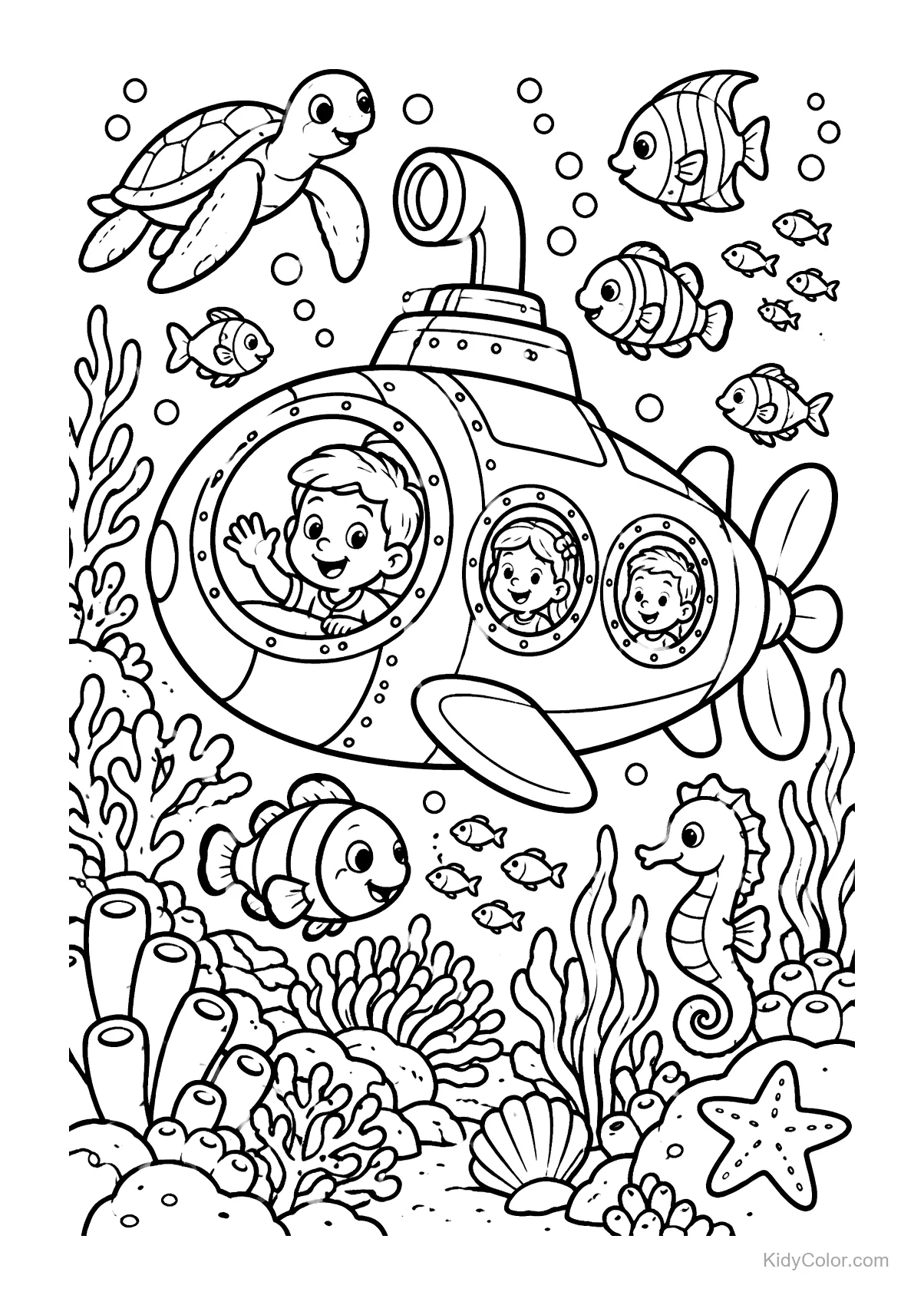 Submarine with children in coral reef, surrounded by fish, turtle, and seahorse.
