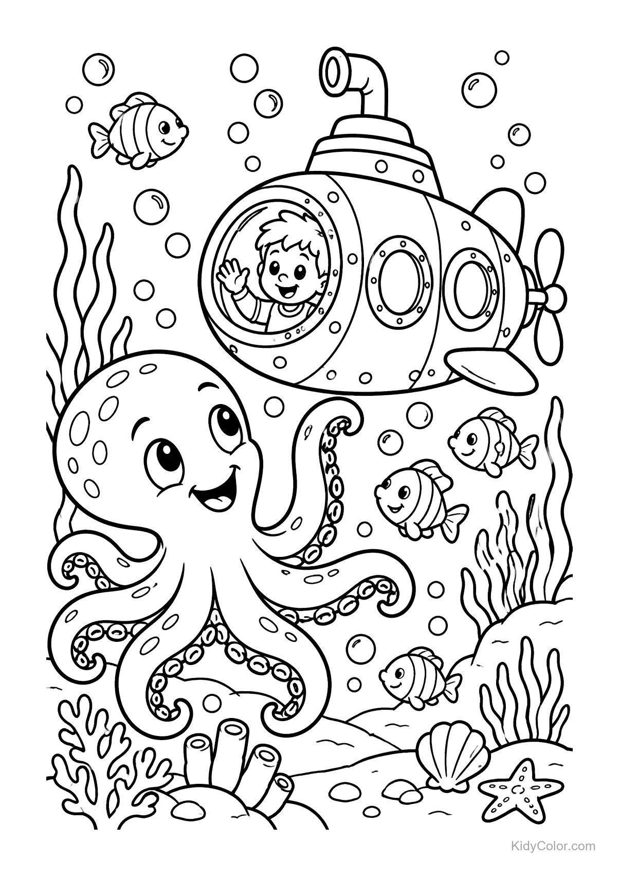 A child in a submarine waves at a smiling octopus with fish nearby.