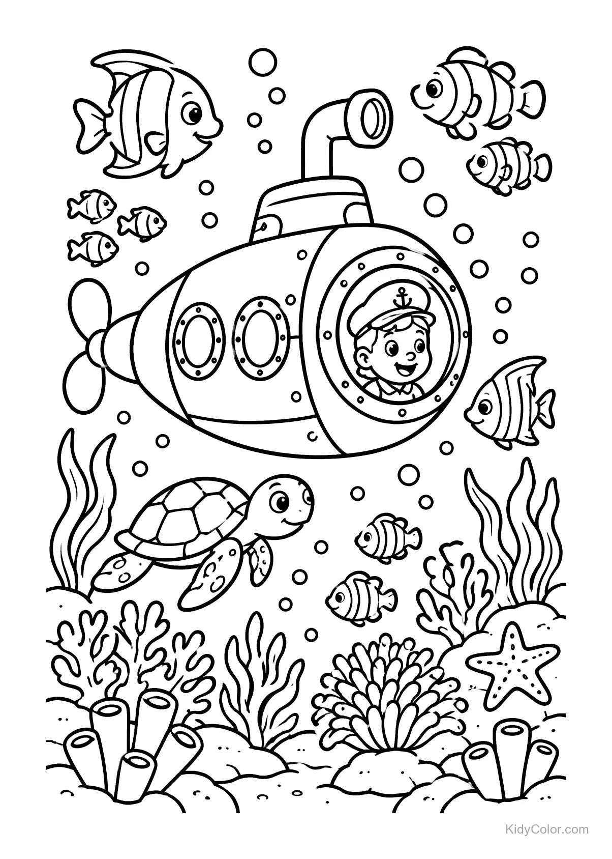 Submarine with a captain among fish and coral reef.