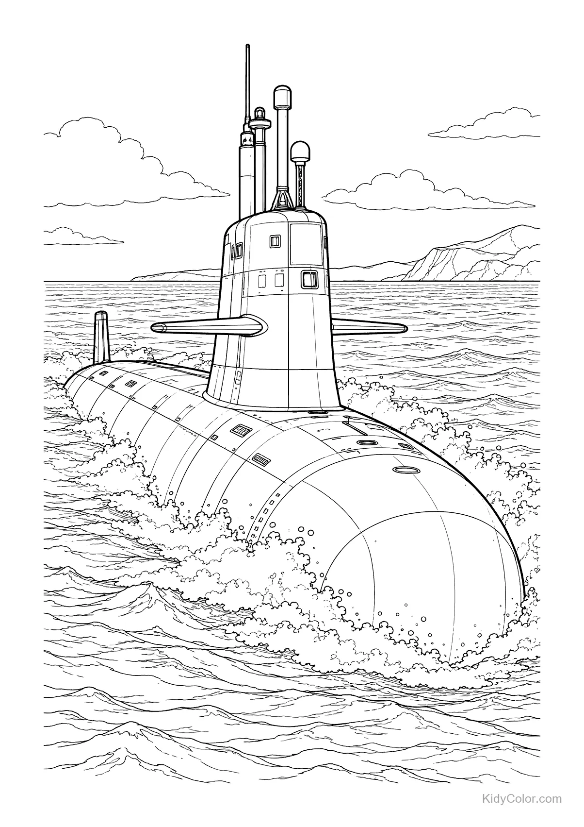A submarine is surfacing amid ocean waves, with some clouds in the sky.