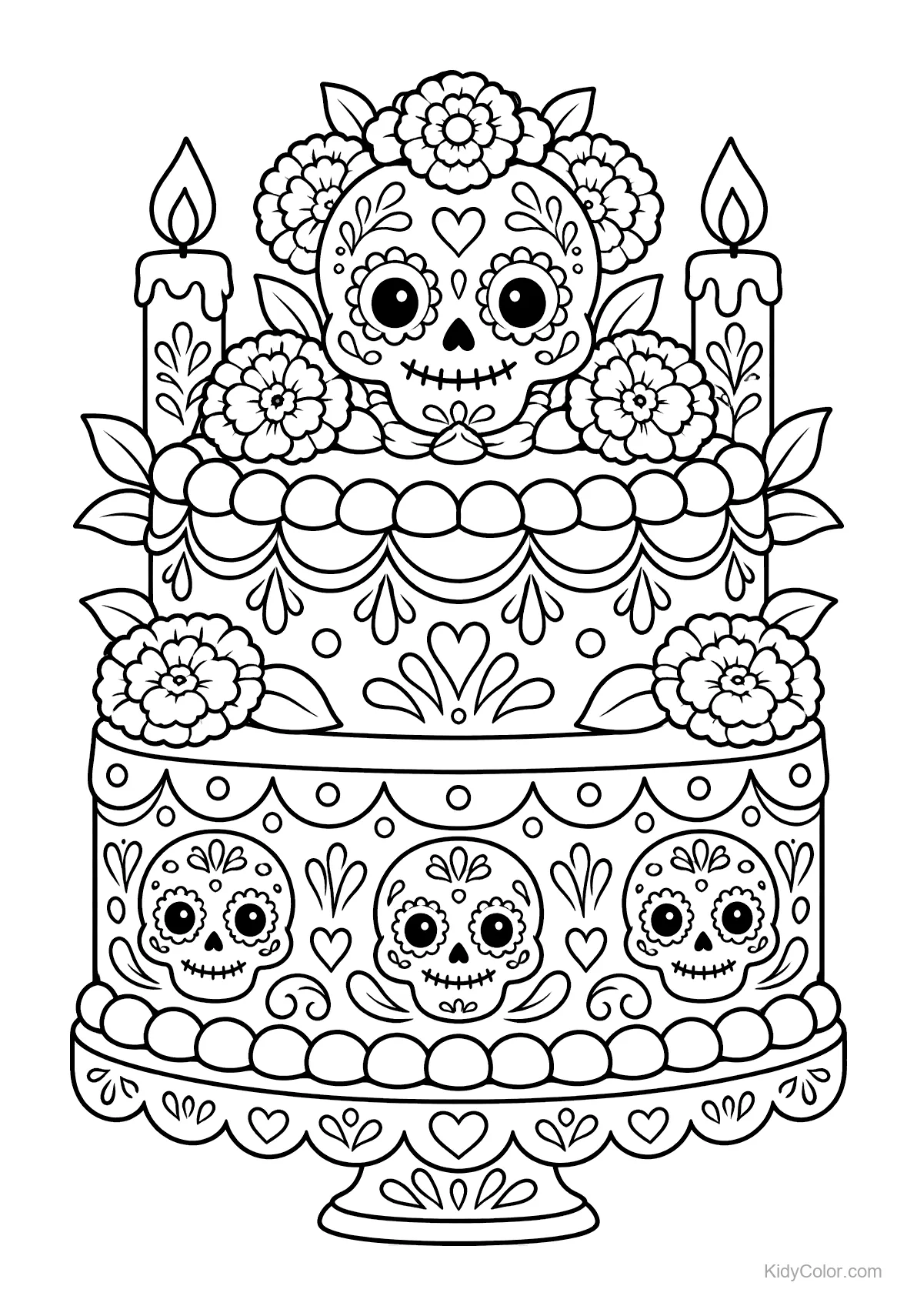 Birthday cake with sugar skulls and marigolds.