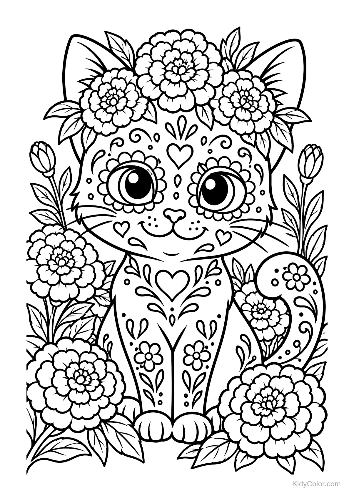 A sugar skull cat surrounded by flowers with decorative patterns.