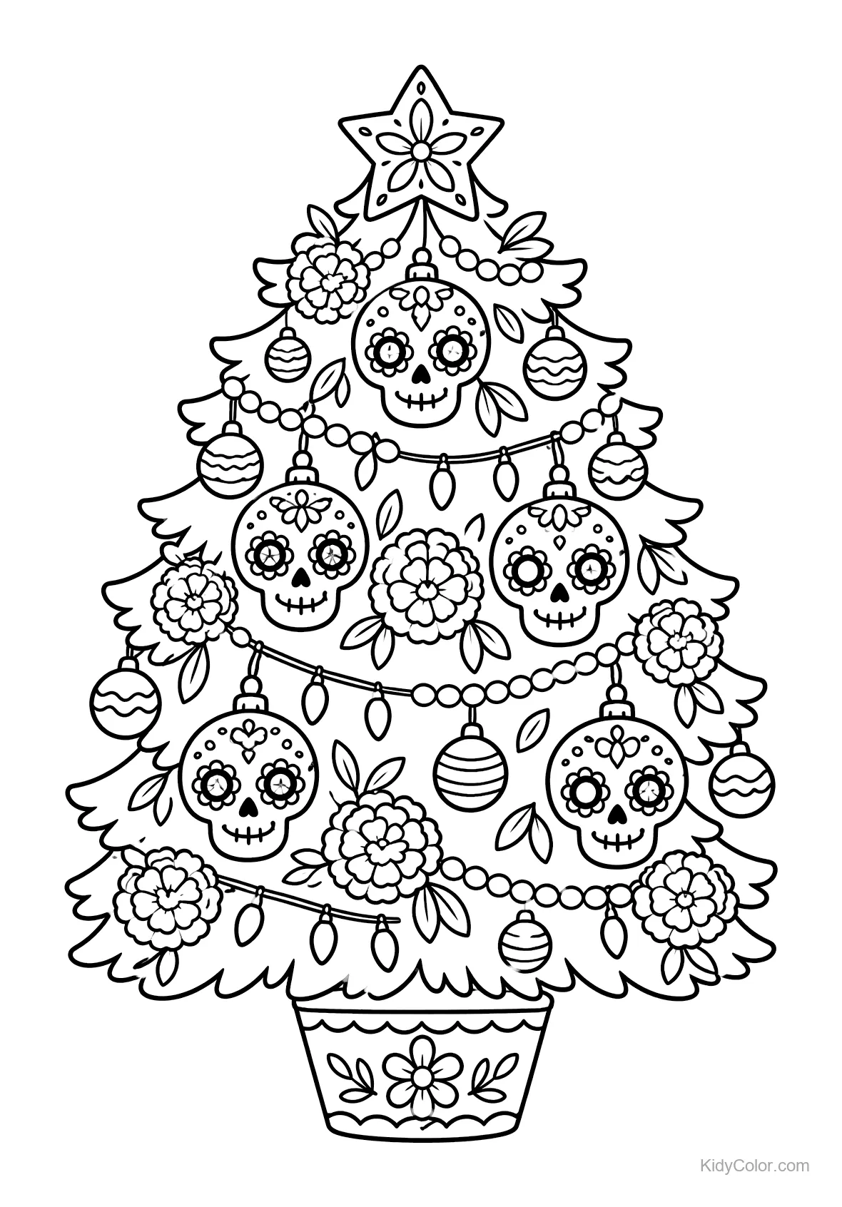 Christmas tree with sugar skulls and festive ornaments.