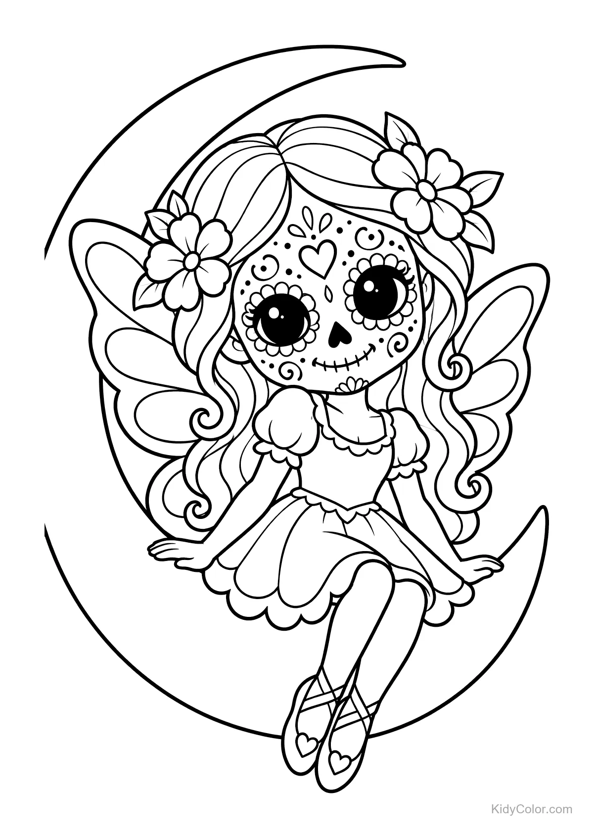 Fada caveira de açúcar com flores no cabelo na lua crescente.