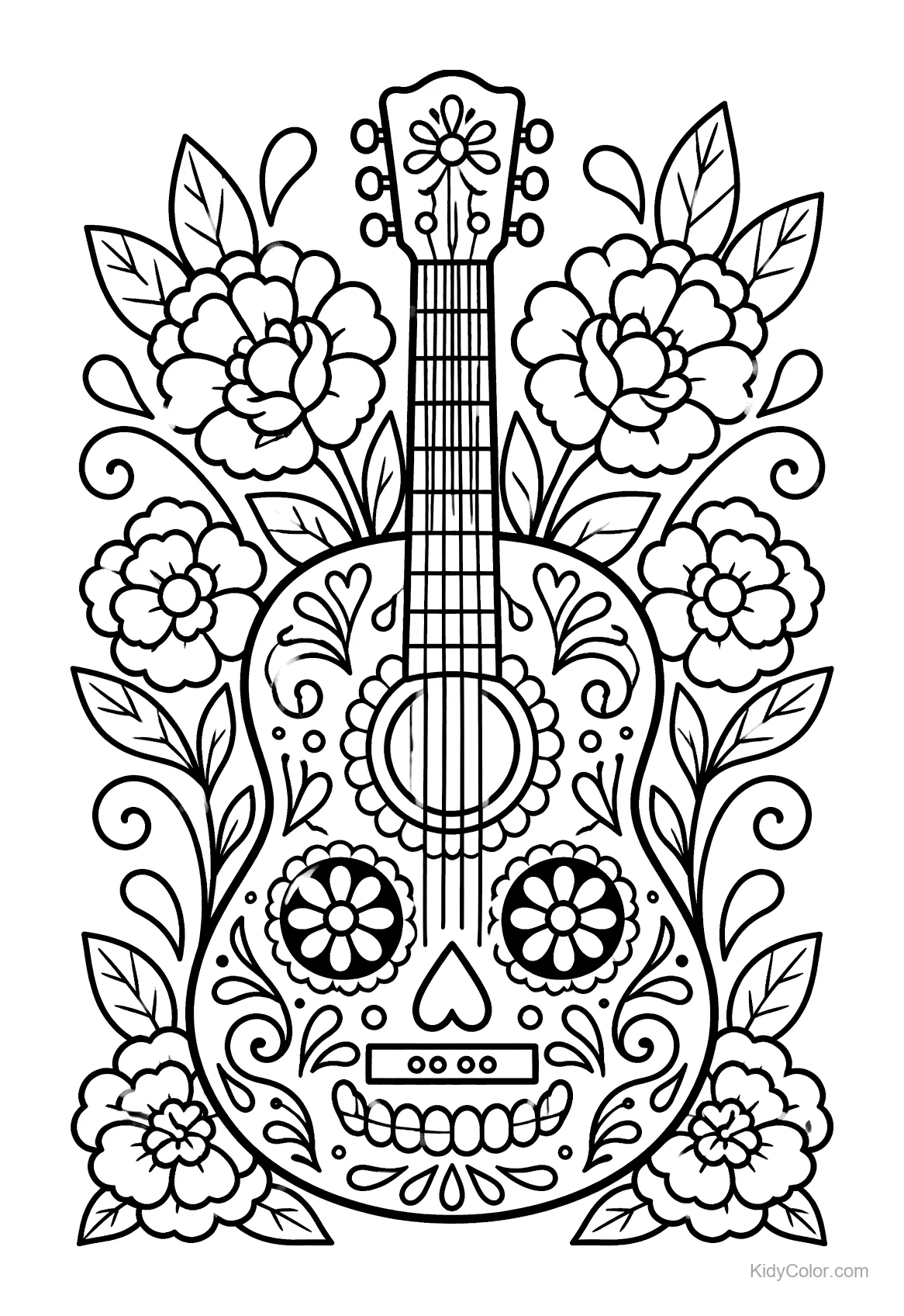 Sugar skull guitar surrounded by flowers in black-and-white line art.