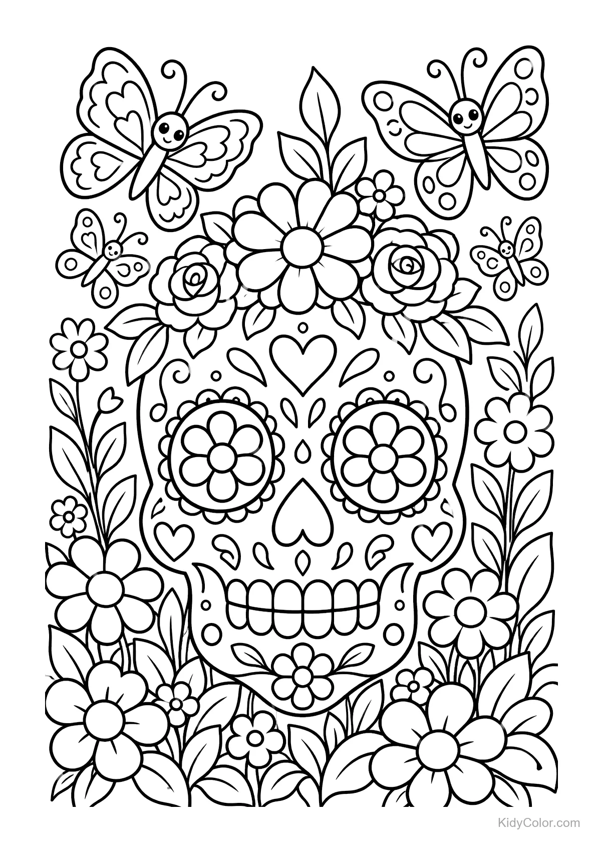 Calavera de azúcar rodeada de flores y mariposas en un jardín.