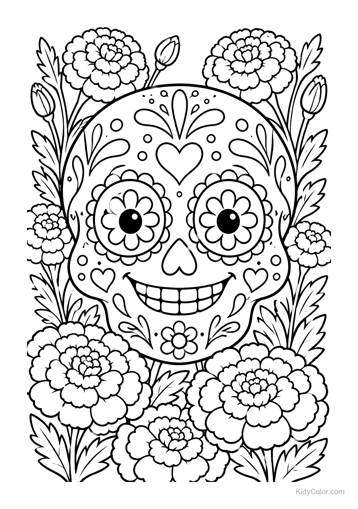 Calavera de azúcar rodeada de cempasúchiles en un jardín.
