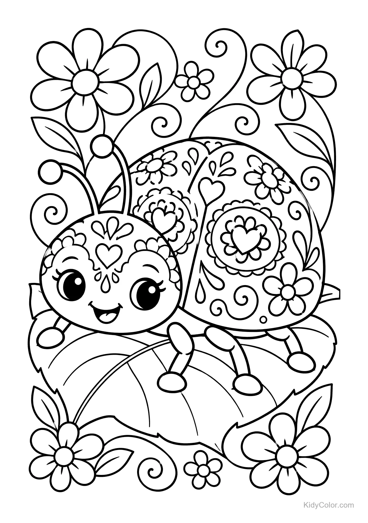 Marienkäfer im Zuckerschädel-Stil auf einem Blatt mit Blumen.