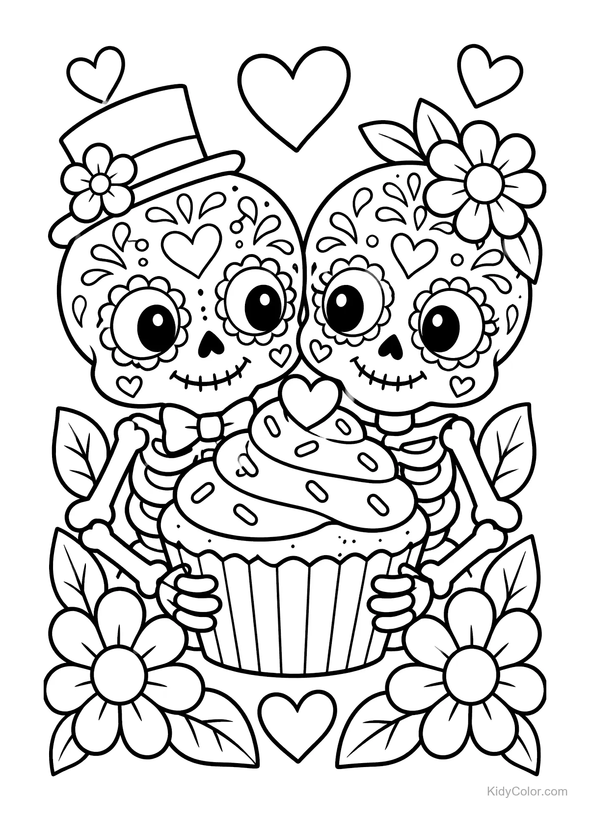 Zwei Zuckerschädel mit einem Cupcake, Blumen und Herzen.